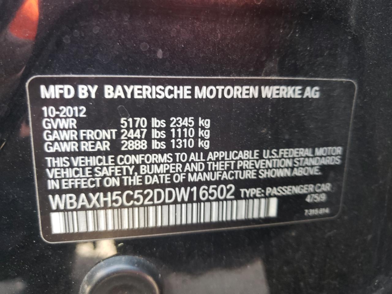 Photo 10 from auction – 2013 BMW 528 XI with VIN WBAXH5C52DDW16502