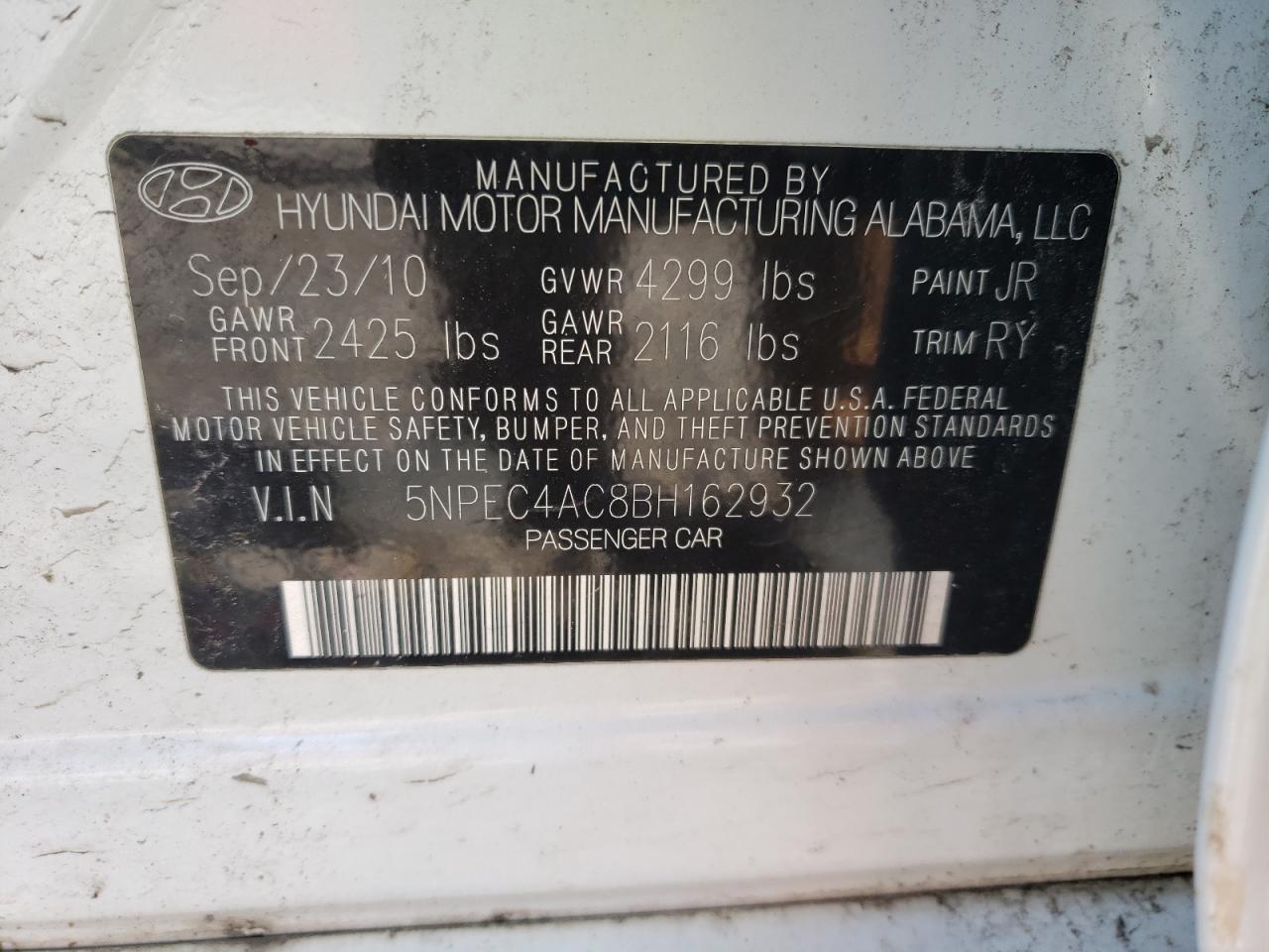 Photo 10 from auction – 2011 HYUNDAI SONATA SE with VIN 5NPEC4AC8BH162932