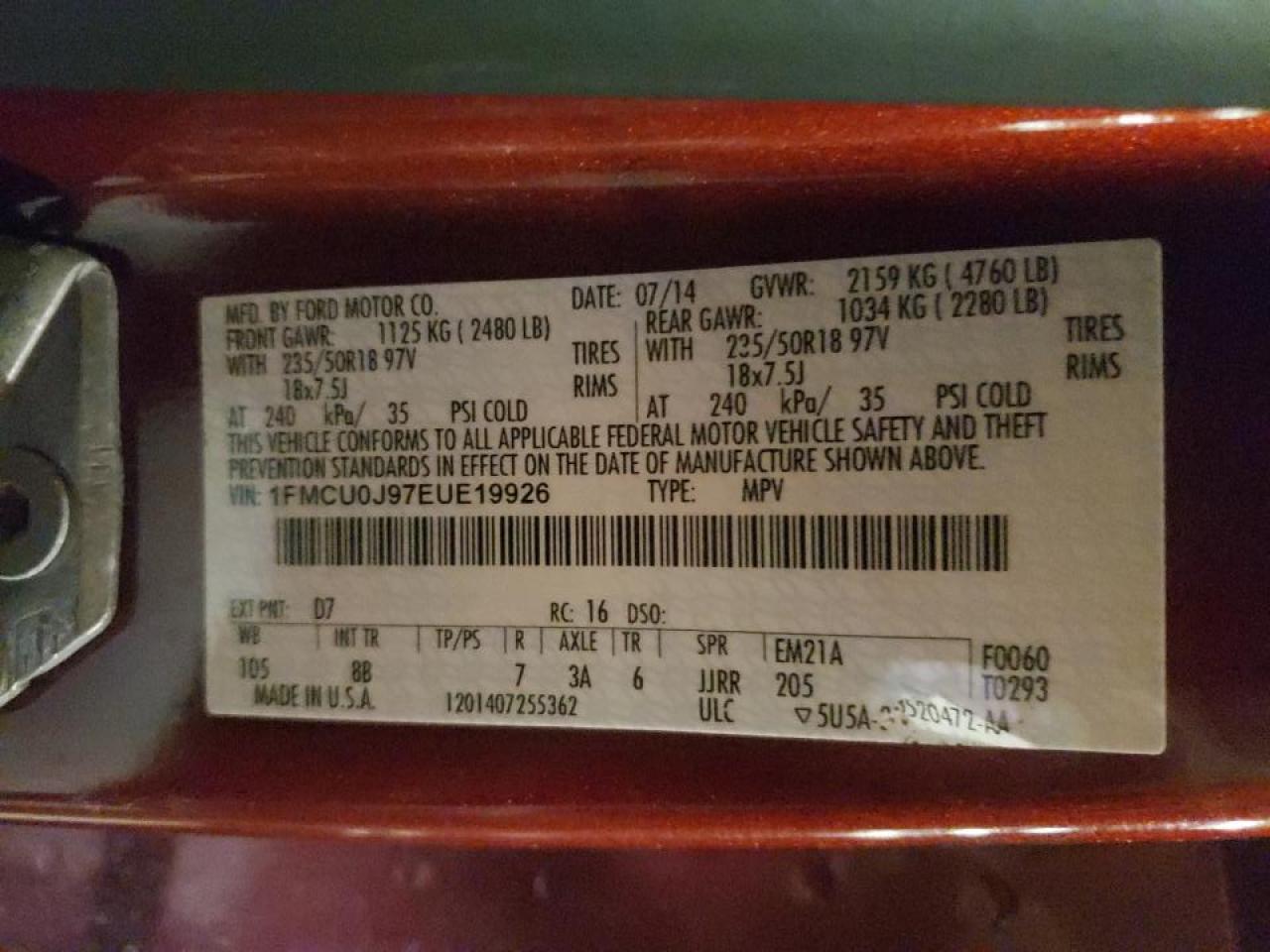 Photo 10 from auction – 2014 FORD ESCAPE TIT with VIN 1FMCU0J97EUE19926