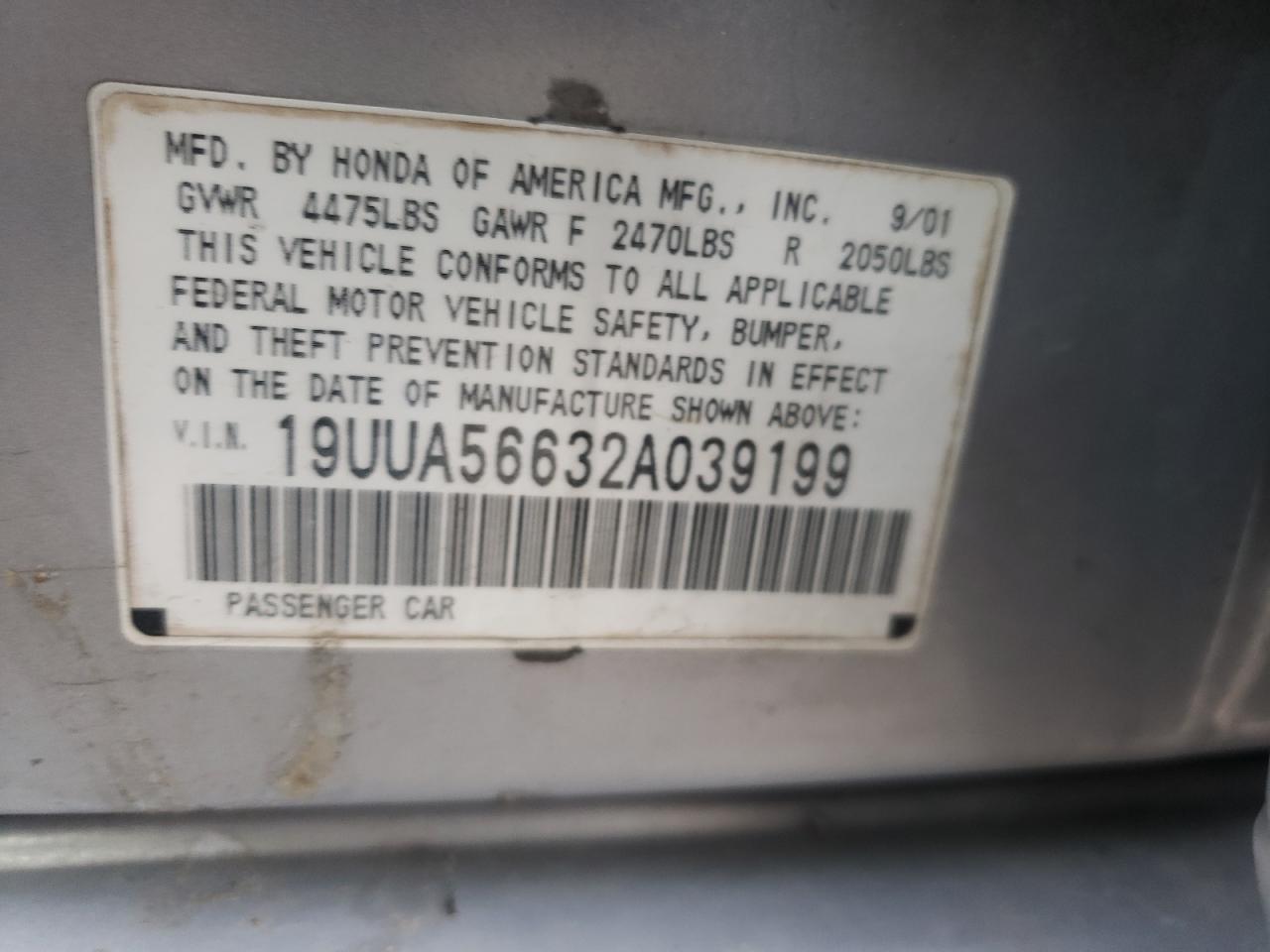 Photo 10 from auction – 2002 ACURA 3.2TL with VIN 19UUA56632A039199