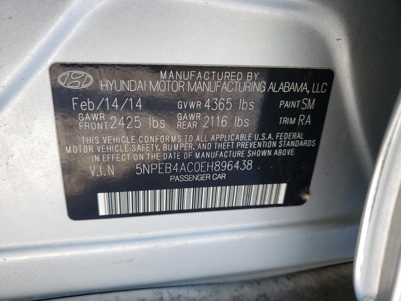 Photo 10 from auction – 2014 HYUNDAI SONATA GLS with VIN 5NPEB4AC0EH896438