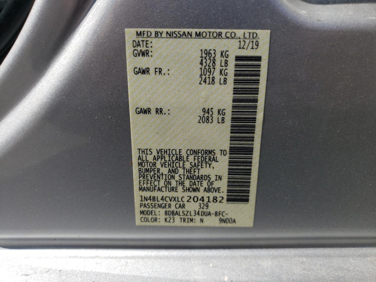Photo 10 from auction – 2020 NISSAN ALTIMA SR with VIN 1N4BL4CVXLC204182