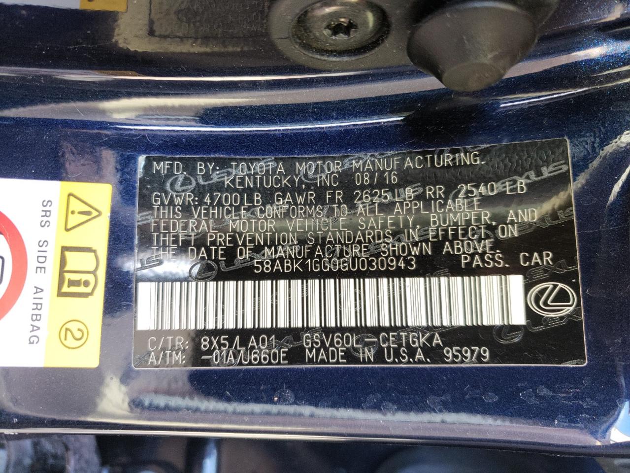 Photo 10 from auction – 2016 LEXUS ES 350 with VIN 58ABK1GG0GU030943