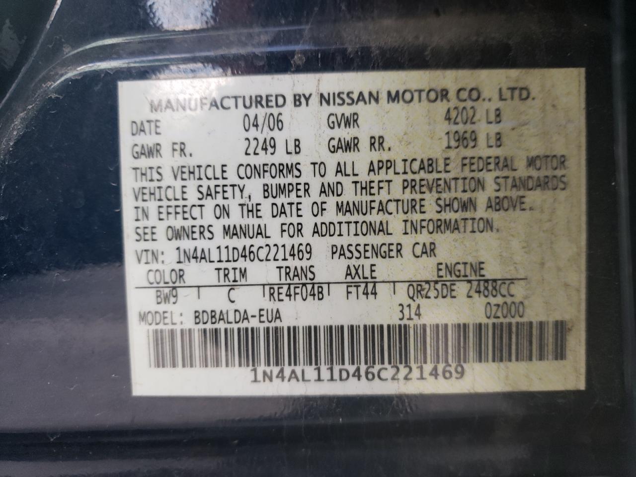 Photo 10 from auction – 2006 NISSAN ALTIMA S with VIN 1N4AL11D46C221469