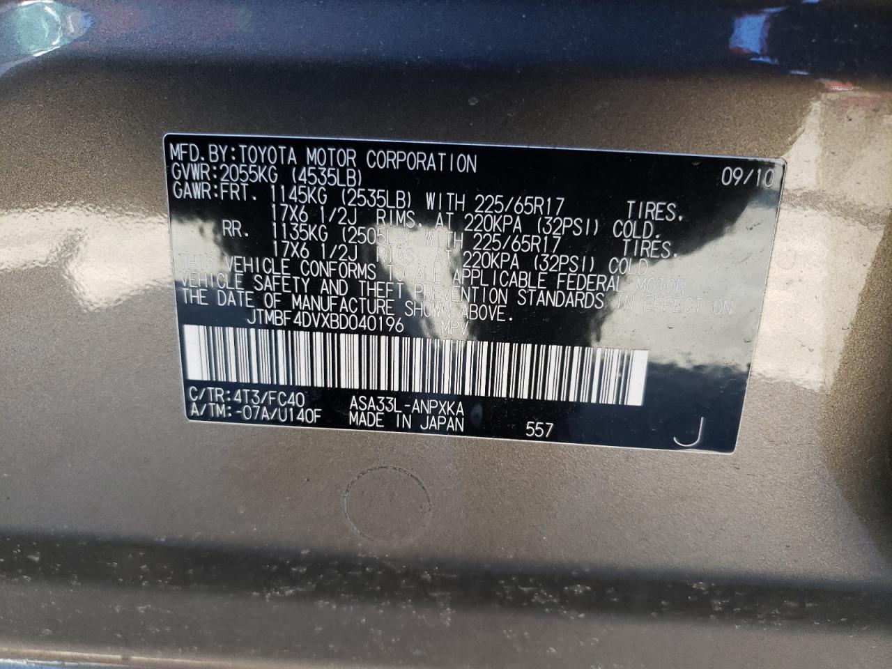 Photo 10 from auction – 2011 TOYOTA RAV4 with VIN JTMBF4DVXBD040196