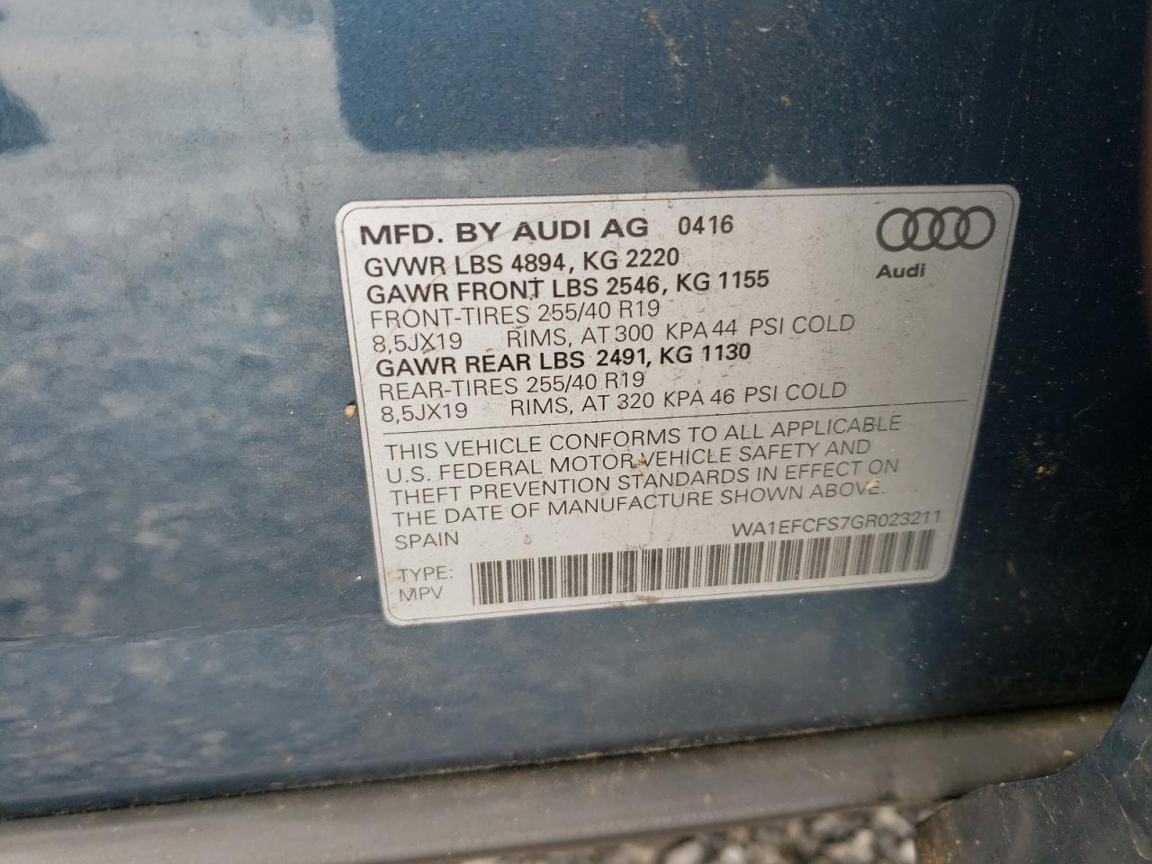 Photo 10 from auction – 2016 AUDI Q3 PREMIUM with VIN WA1EFCFS7GR023211