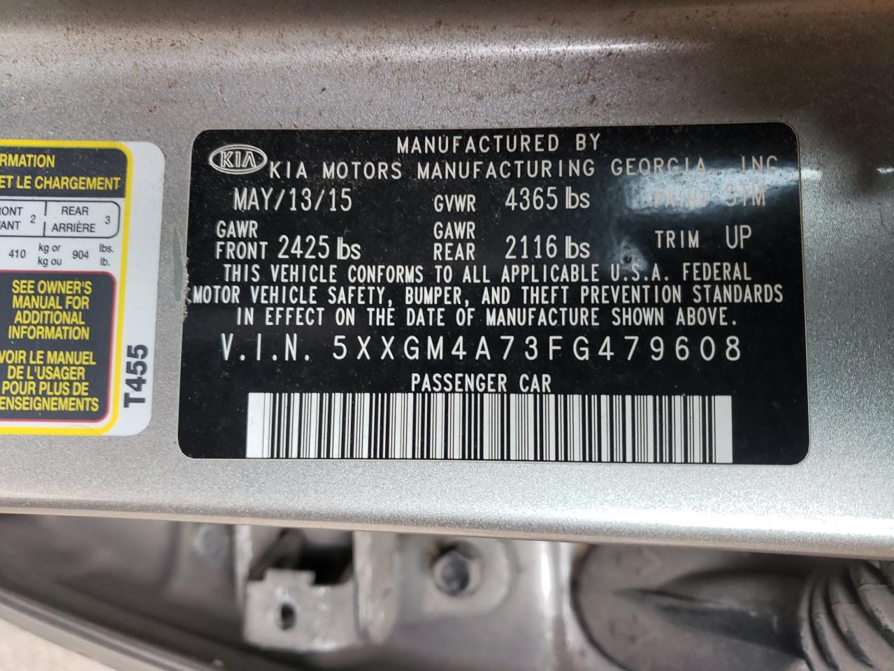 Photo 10 from auction – 2015 KIA OPTIMA LX with VIN 5XXGM4A73FG479608