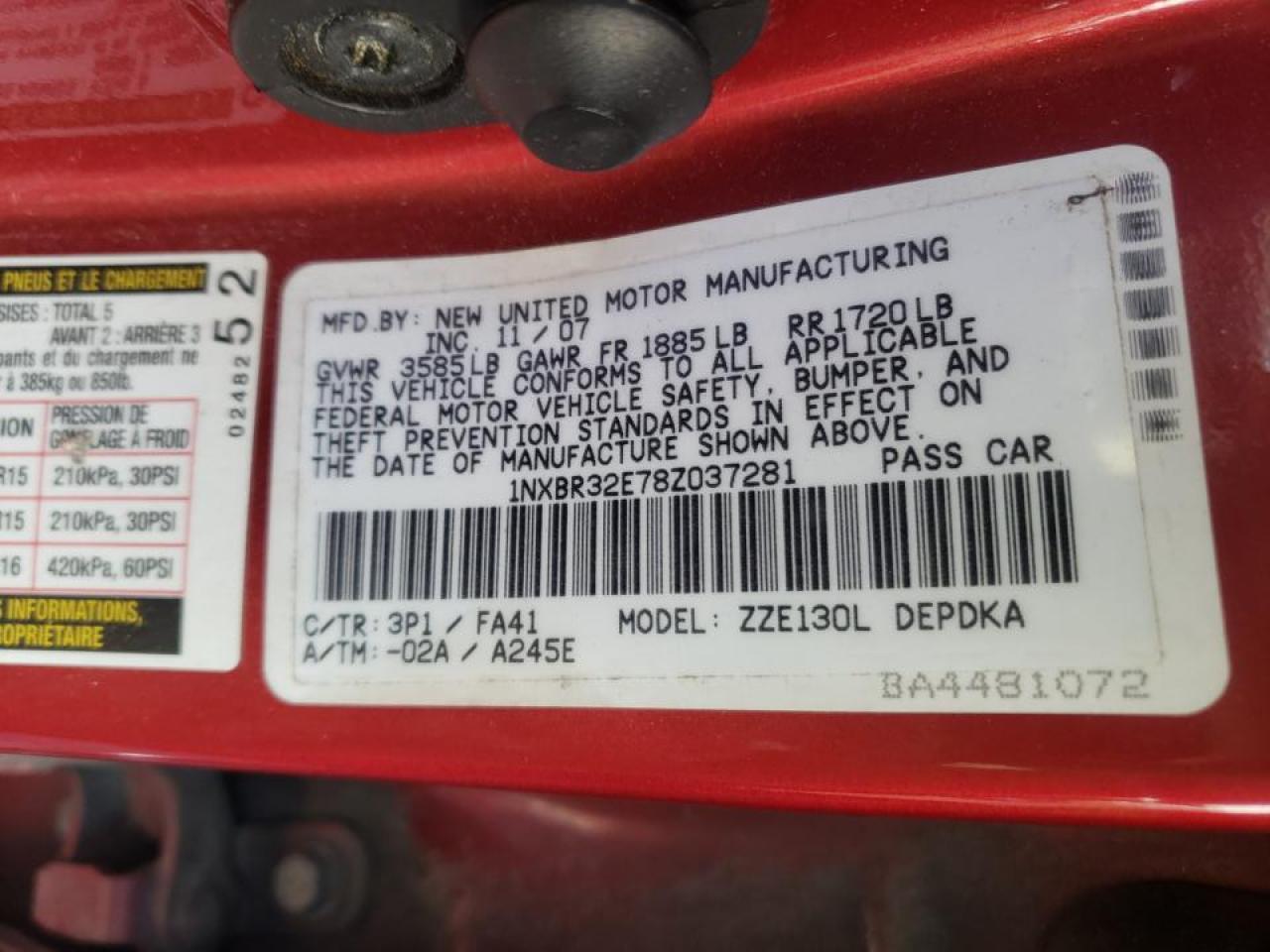Photo 10 from auction – 2008 TOYOTA COROLLA CE with VIN 1NXBR32E78Z037281