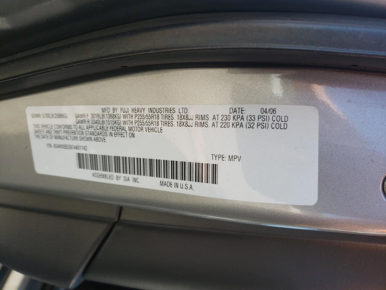 Photo 10 from auction – 2007 SUBARU B9 TRIBECA with VIN 4S4WX85D974401142