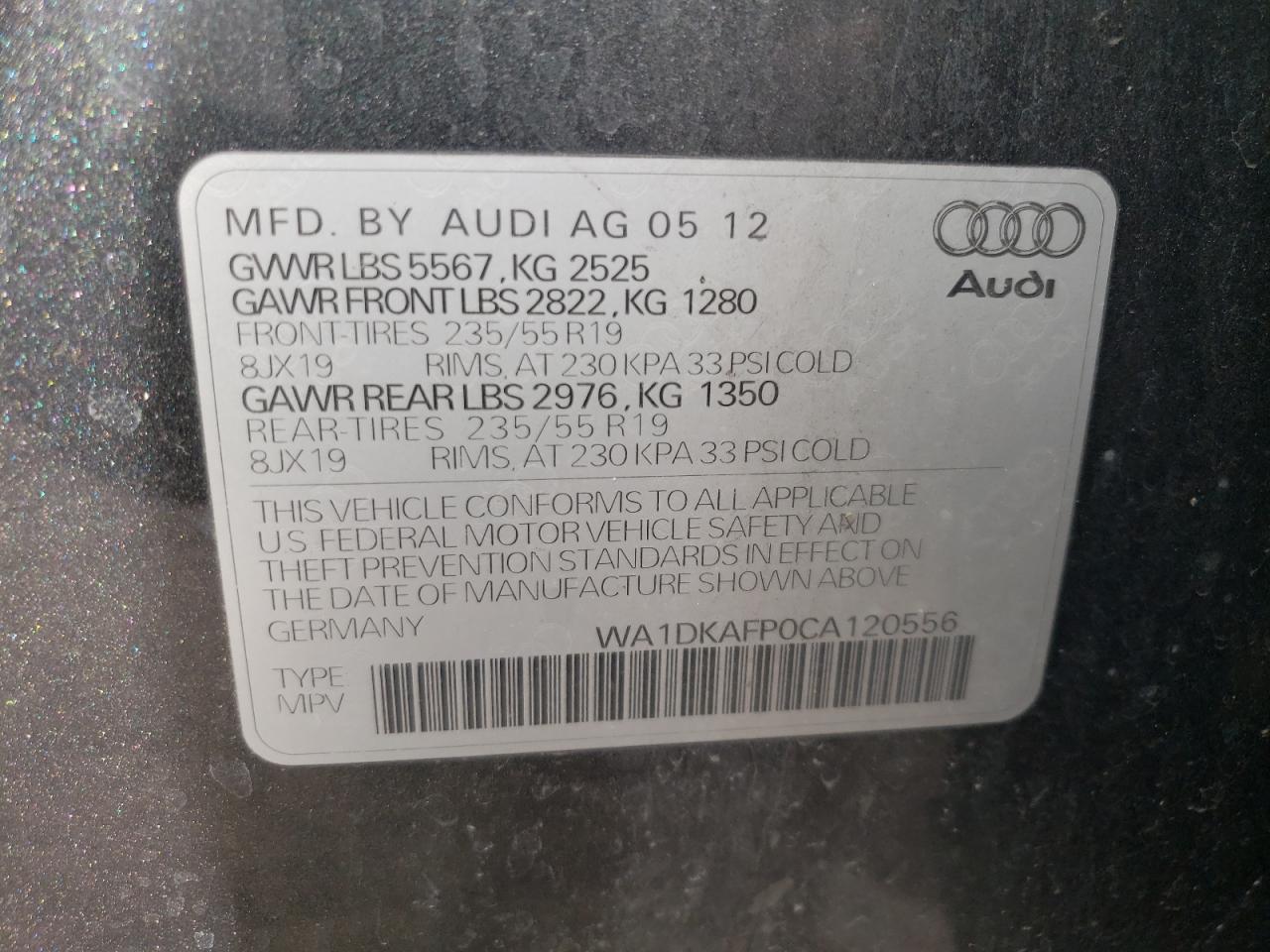 Photo 10 from auction – 2012 AUDI Q5 PREMIUM with VIN WA1DKAFP0CA120556