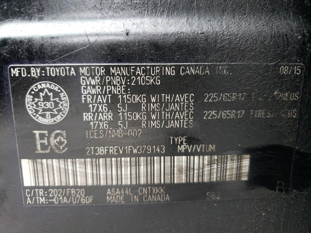 Photo 10 from auction – 2015 TOYOTA RAV4 LE with VIN 2T3BFREV1FW379143