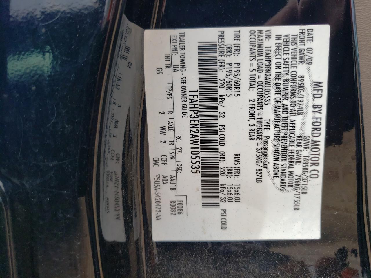 Photo 10 from auction – 2010 FORD FOCUS S with VIN 1FAHP3EN2AW105535