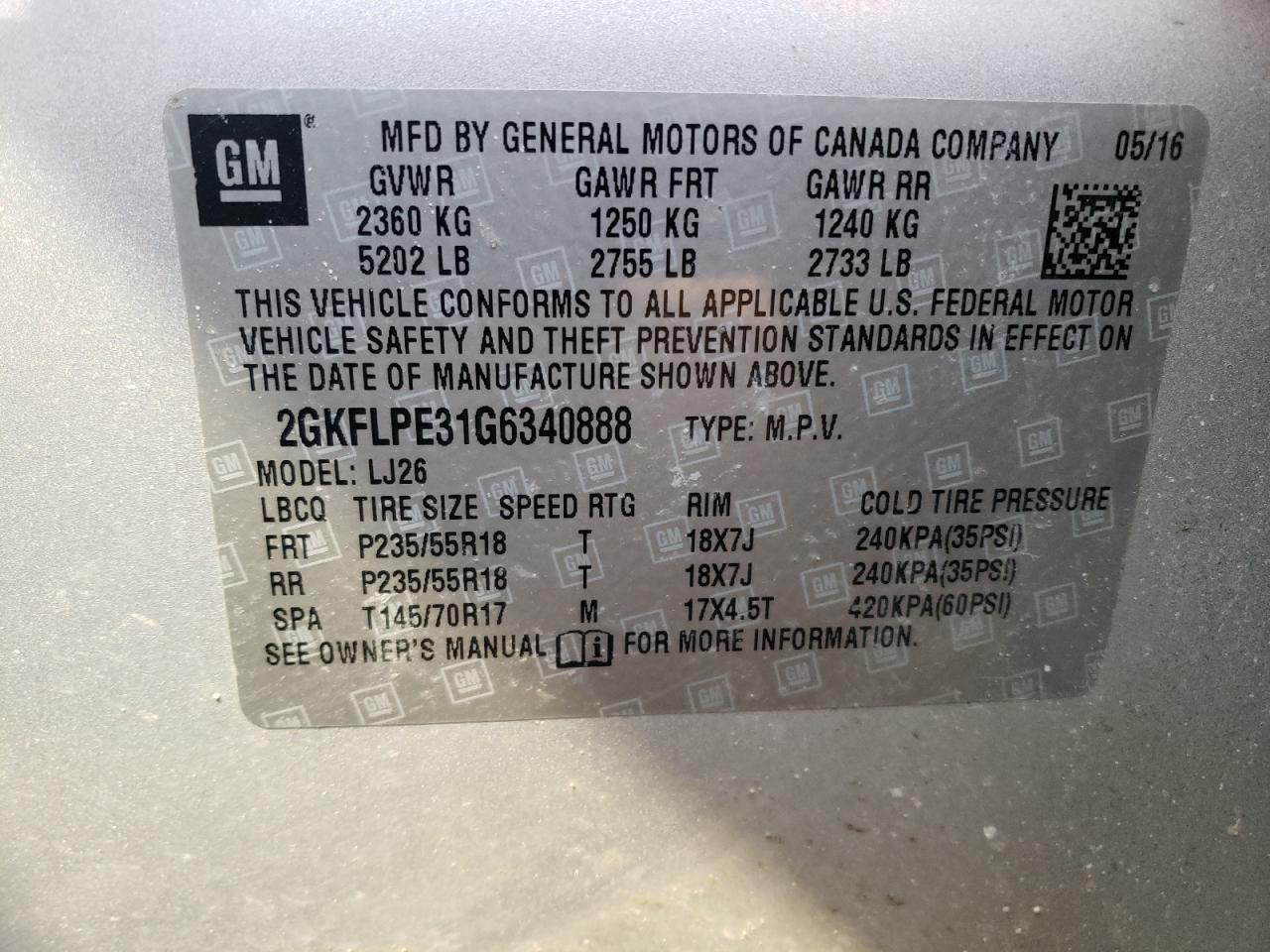 Photo 10 from auction – 2016 GMC TERRAIN SL with VIN 2GKFLPE31G6340888