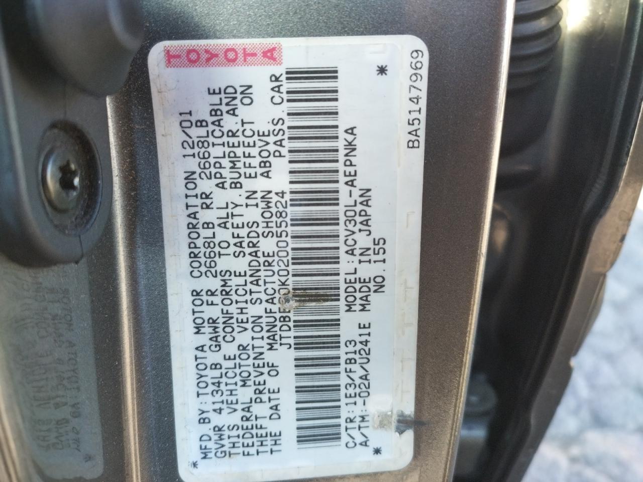 Photo 10 from auction – 2002 TOYOTA CAMRY LE with VIN JTDBE30K020055824