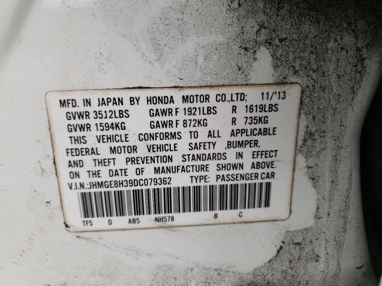 Photo 10 from auction – 2013 HONDA FIT with VIN JHMGE8H39DC079362