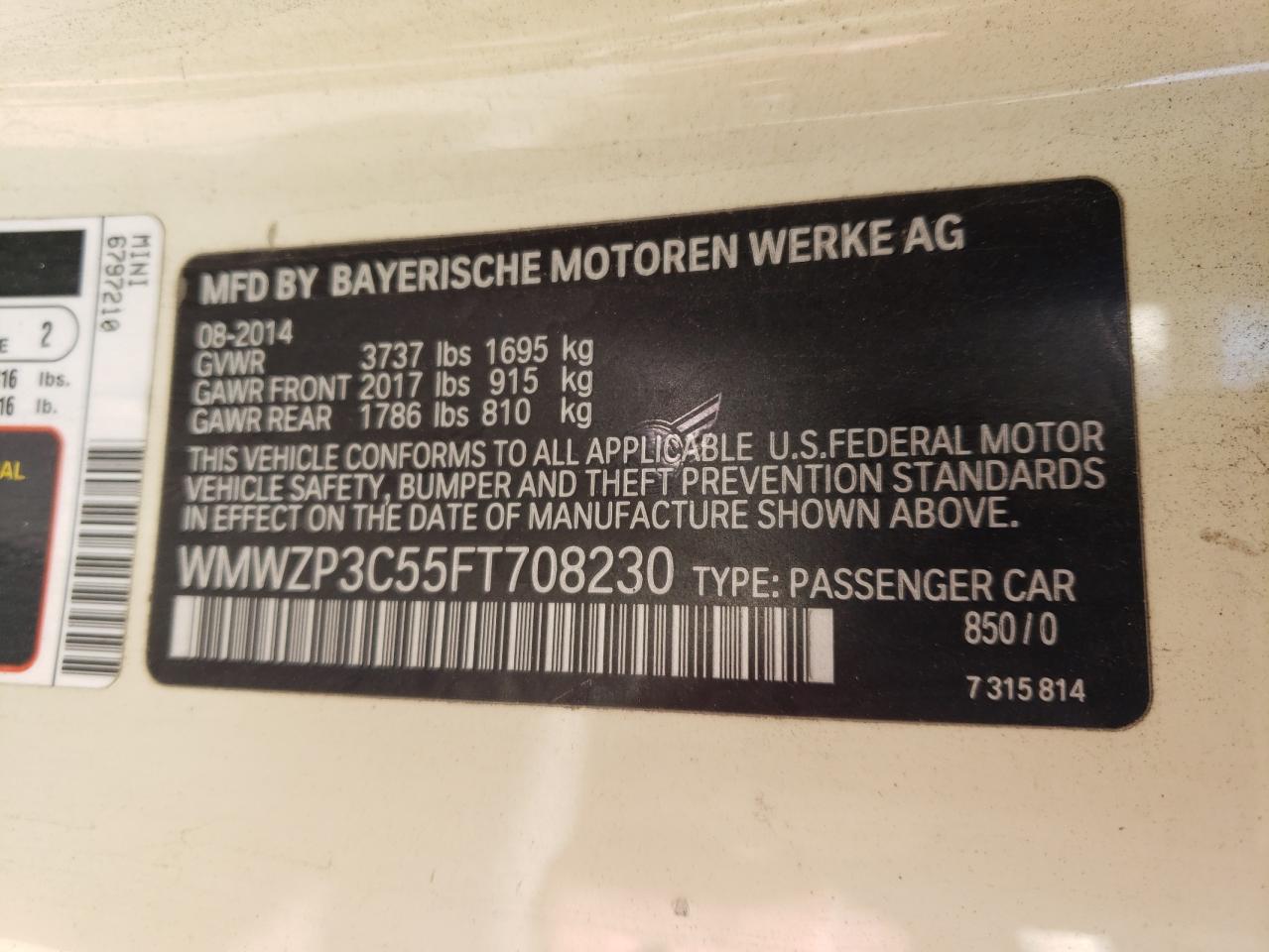 Photo 10 from auction – 2015 MINI COOPER S with VIN WMWZP3C55FT708230