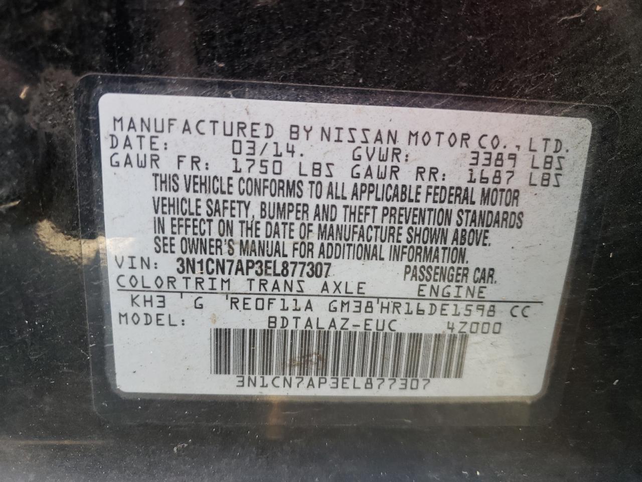 Photo 10 from auction – 2014 NISSAN VERSA with VIN 3N1CN7AP3EL877307