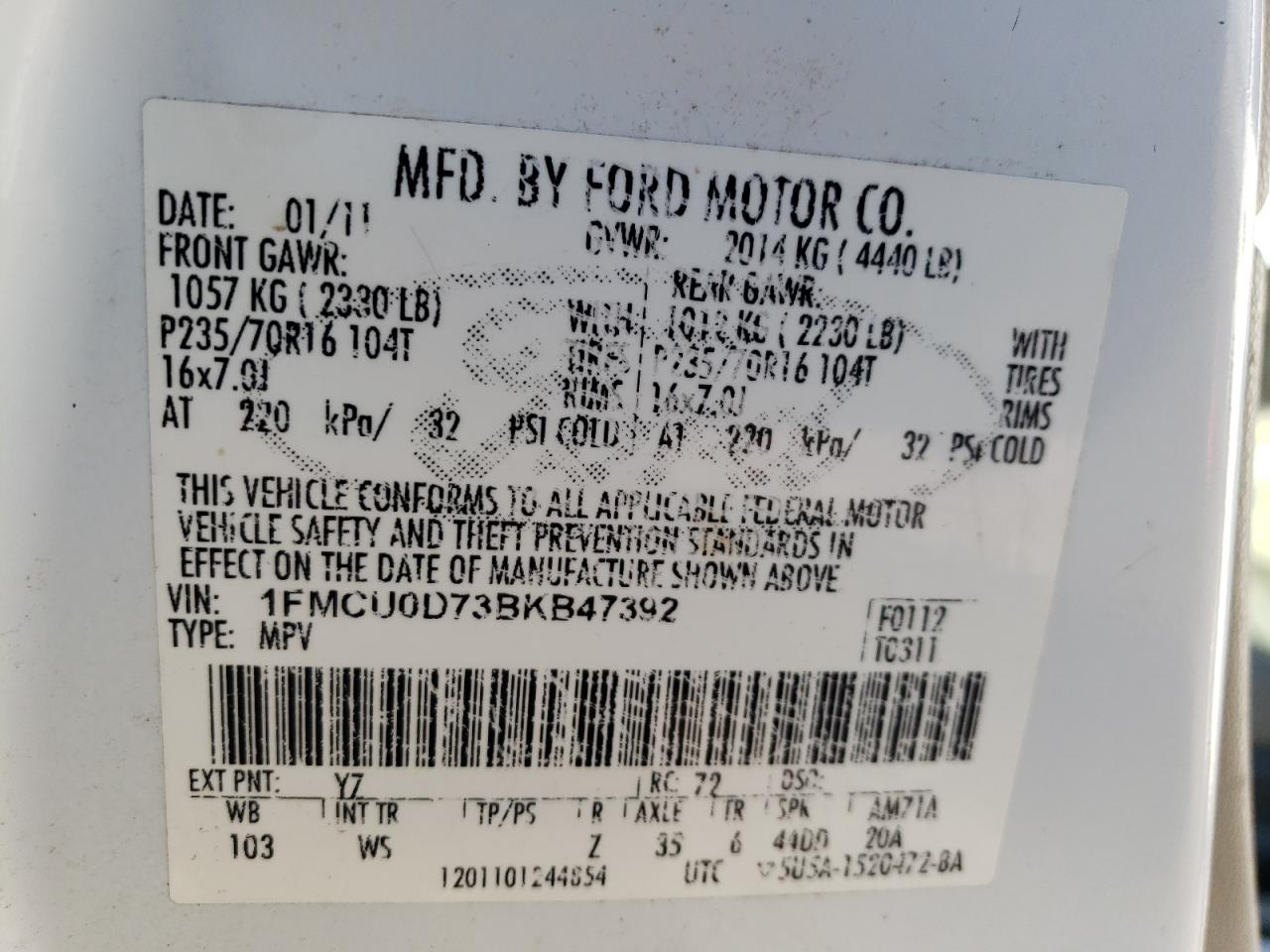 Photo 10 from auction – 2011 FORD ESCAPE XLT with VIN 1FMCU0D73BKB47392