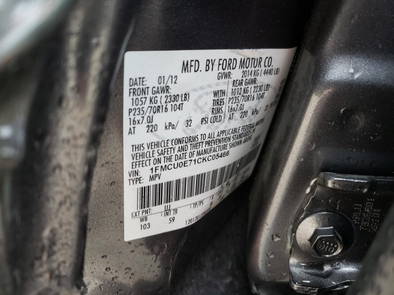 Photo 10 from auction – 2012 FORD ESCAPE LIM with VIN 1FMCU0E71CKC05466