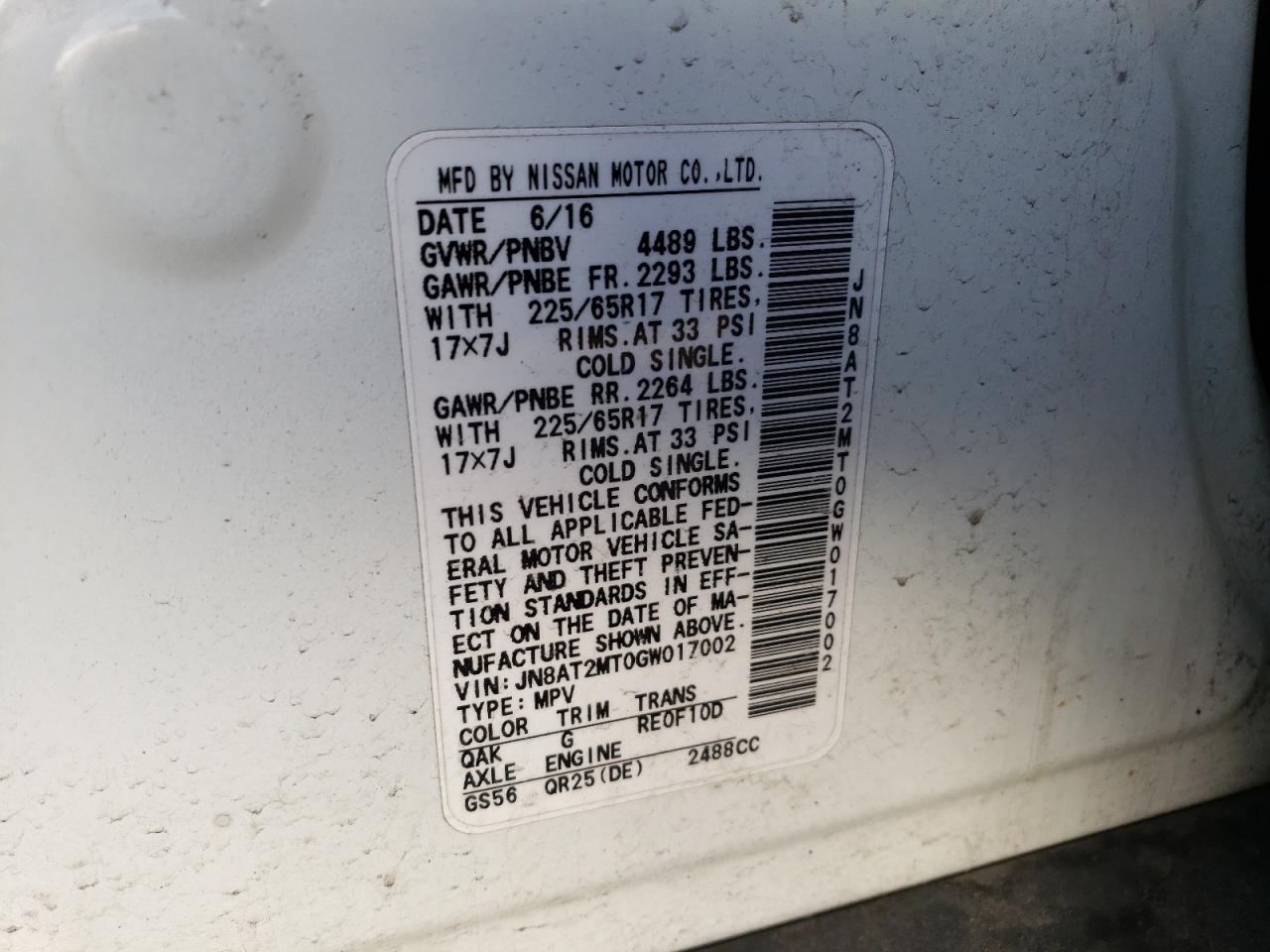 Photo 10 from auction – 2016 NISSAN ROGUE S with VIN JN8AT2MT0GW017002