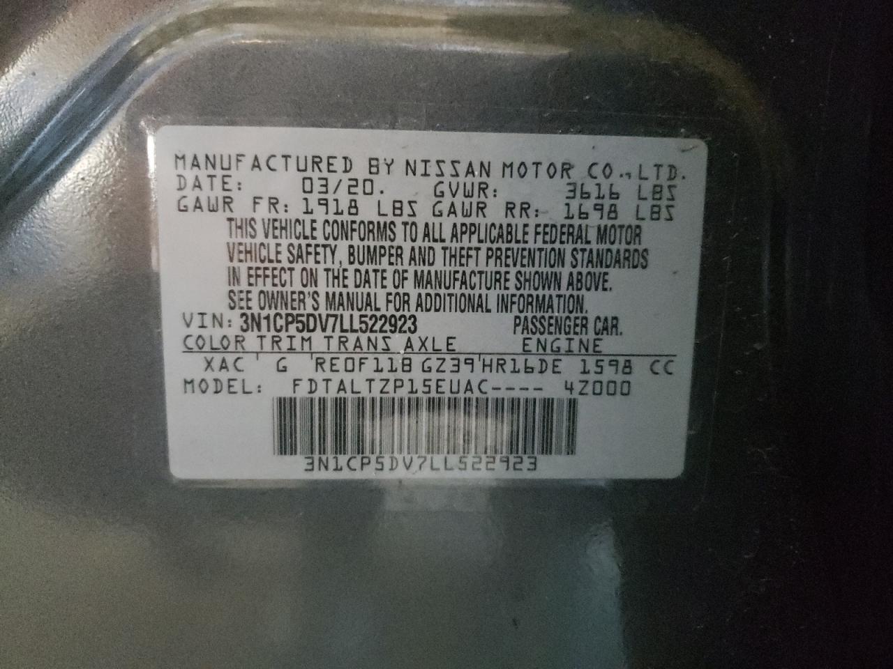 Photo 10 from auction – 2020 NISSAN KICKS SR with VIN 3N1CP5DV7LL522923