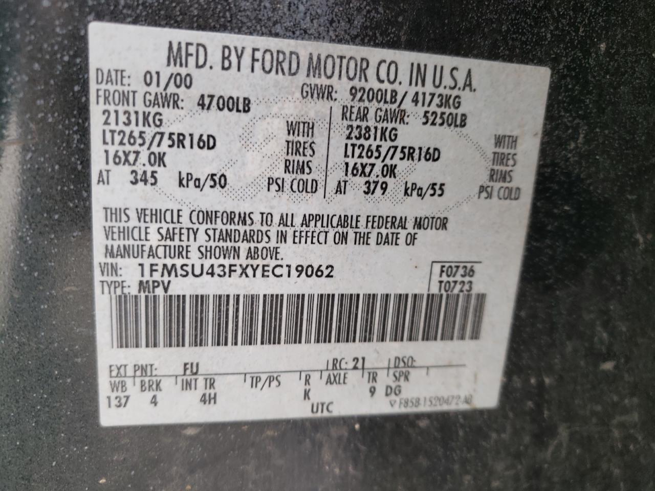 Photo 10 from auction – 2000 FORD EXCURSION with VIN 1FMSU43FXYEC19062