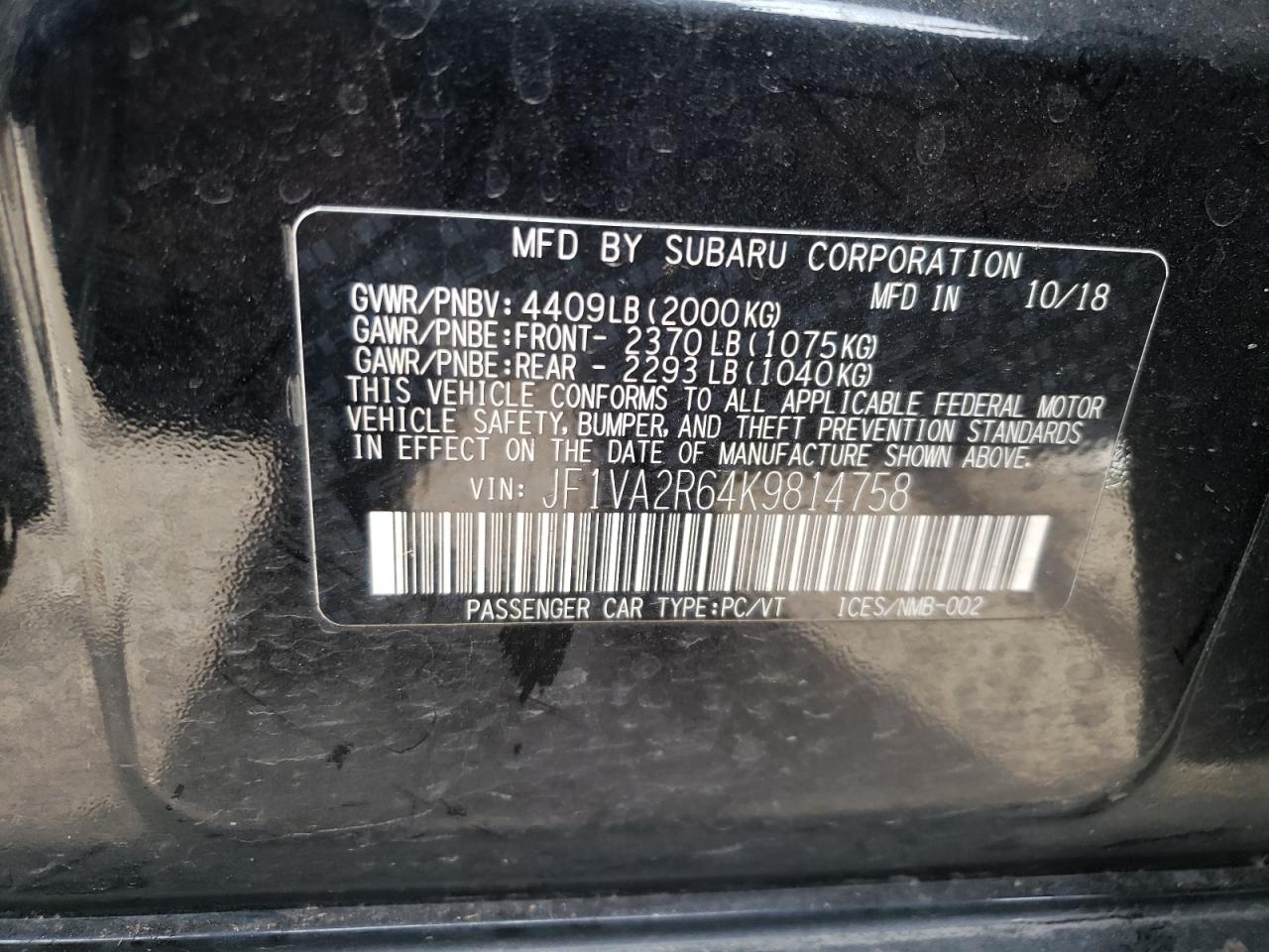 Photo 10 from auction – 2019 SUBARU WRX STI with VIN JF1VA2R64K9814758
