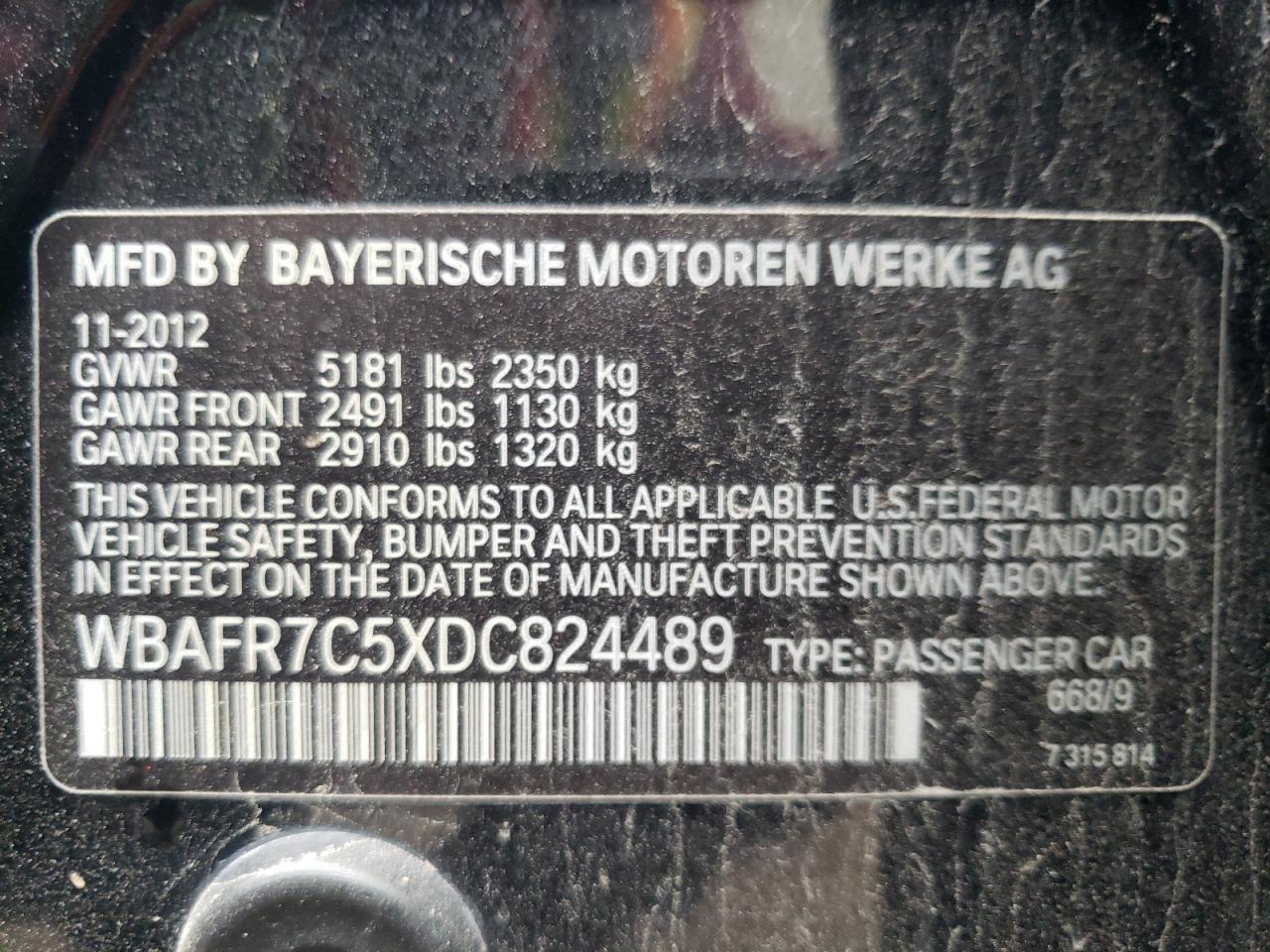 Photo 10 from auction – 2013 BMW 535 I with VIN WBAFR7C5XDC824489