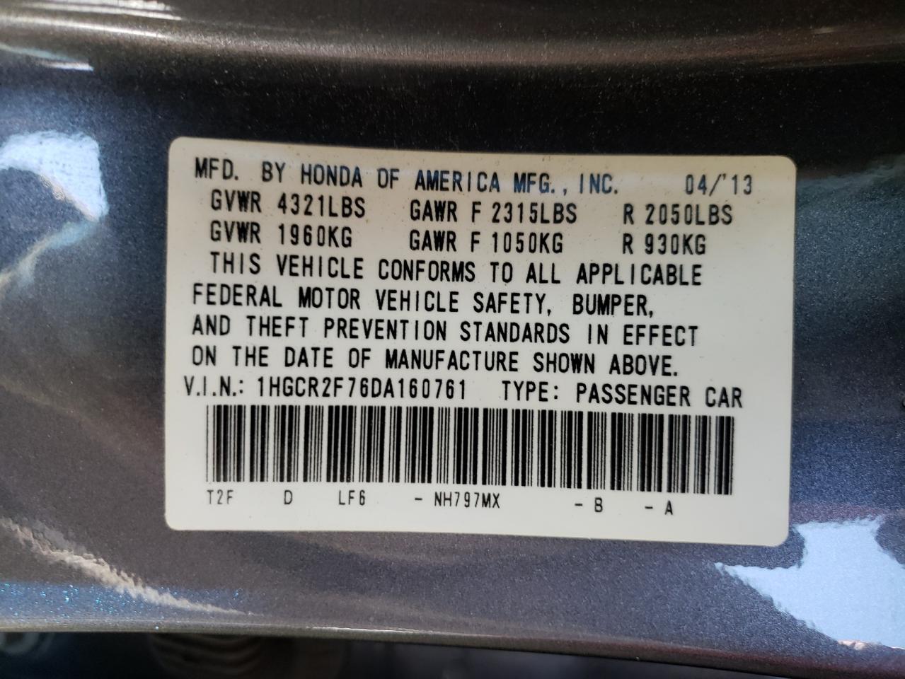 Photo 10 from auction – 2013 HONDA ACCORD EX with VIN 1HGCR2F76DA160761