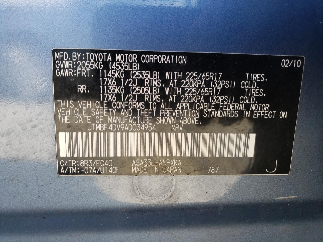 Photo 10 from auction – 2010 TOYOTA RAV4 with VIN JTMBF4DV9AD034954