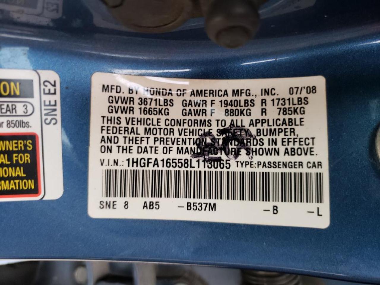 Photo 10 from auction – 2008 HONDA CIVIC with VIN 1HGFA16558L113065