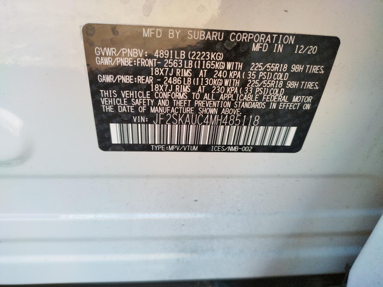 Photo 10 from auction – 2021 SUBARU FORESTER L with VIN JF2SKAUC4MH485118