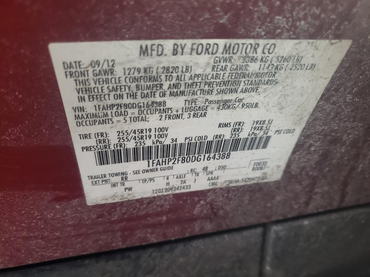 Photo 10 from auction – 2013 FORD TAURUS LIM with VIN 1FAHP2F80DG164388