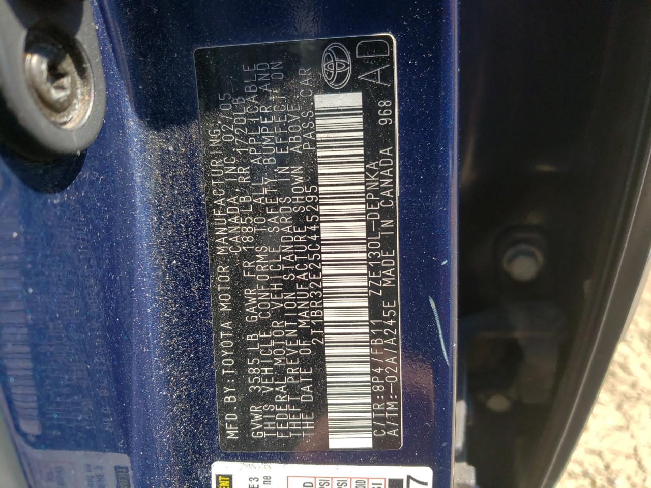 Photo 10 from auction – 2005 TOYOTA COROLLA CE with VIN 2T1BR32E25C445295
