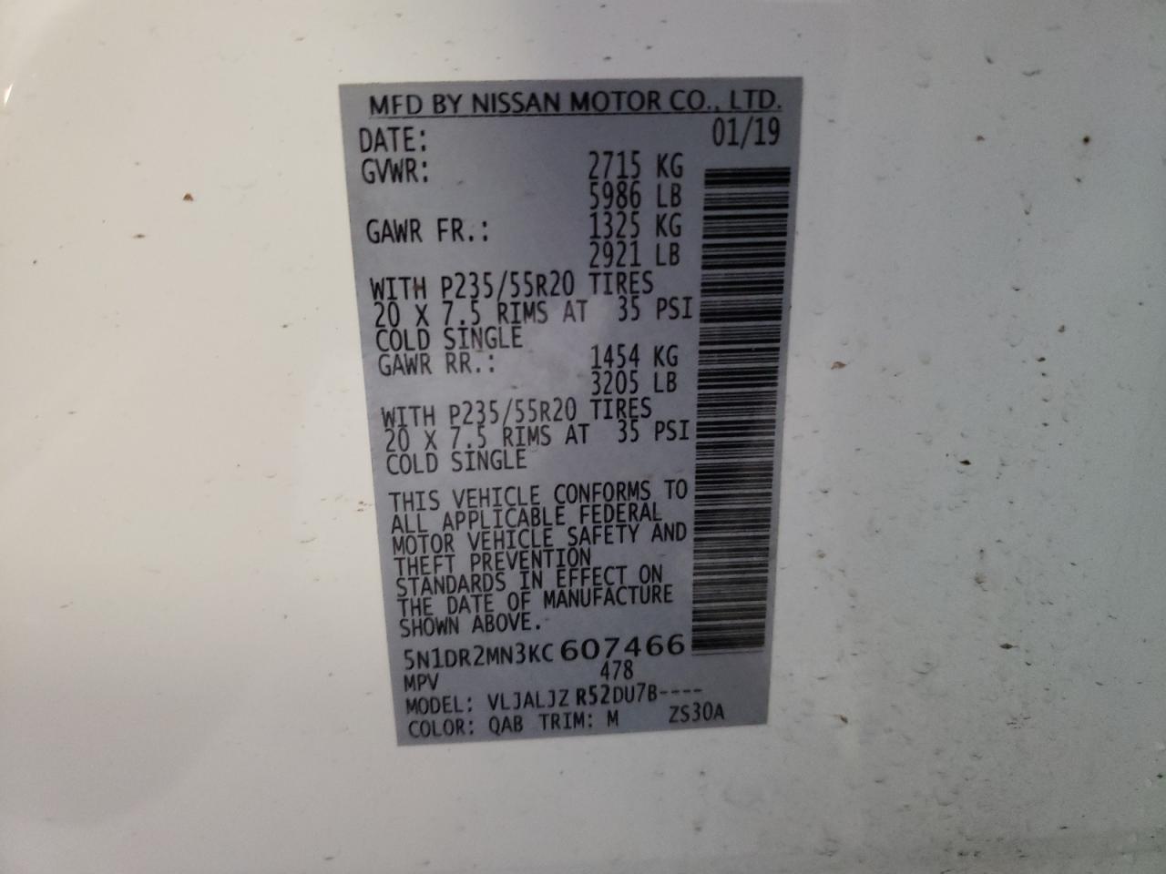 Photo 10 from auction – 2019 NISSAN PATHFINDER with VIN 5N1DR2MN3KC607466