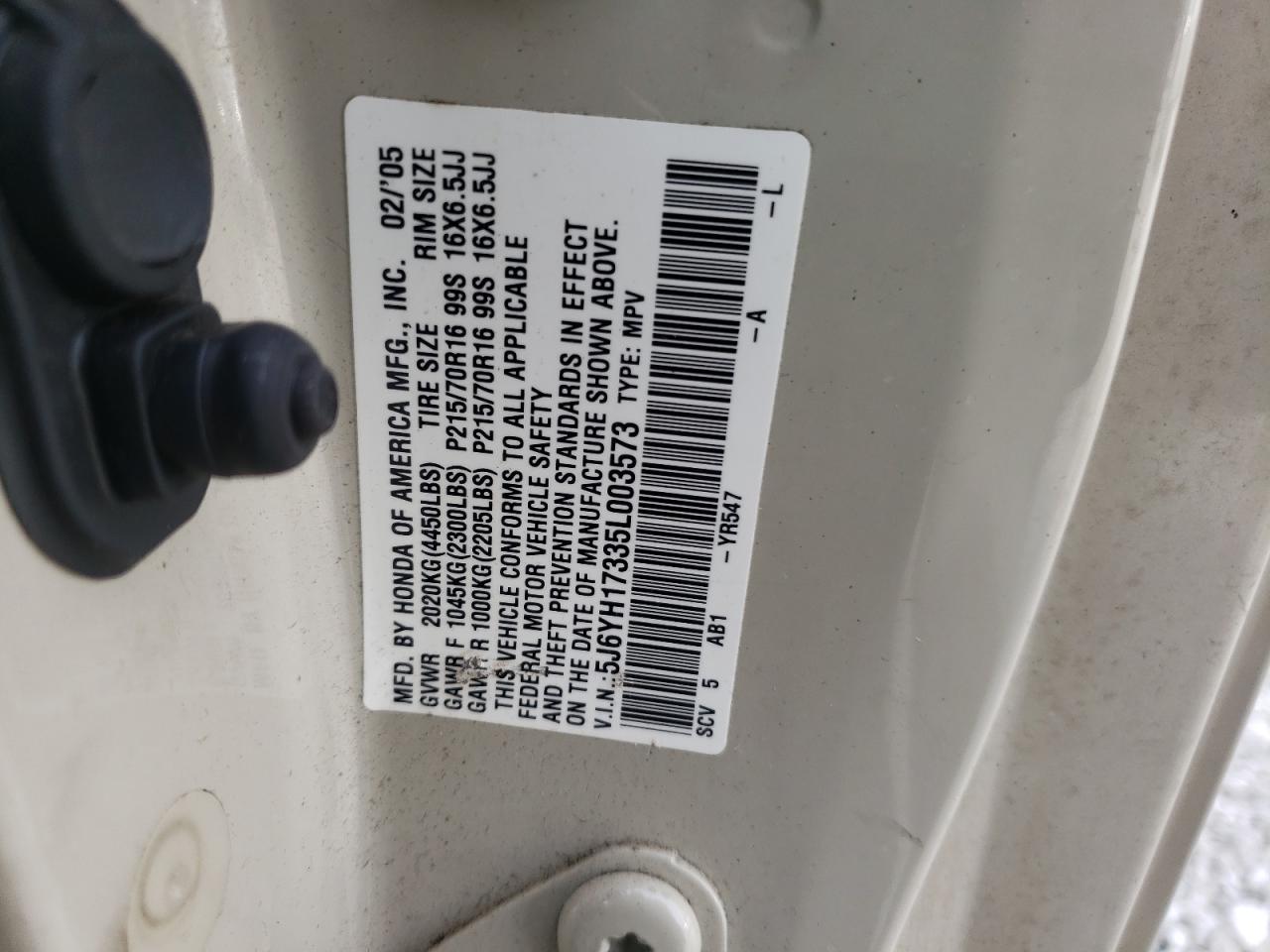 Photo 10 from auction – 2005 HONDA ELEMENT LX with VIN 5J6YH17335L003573