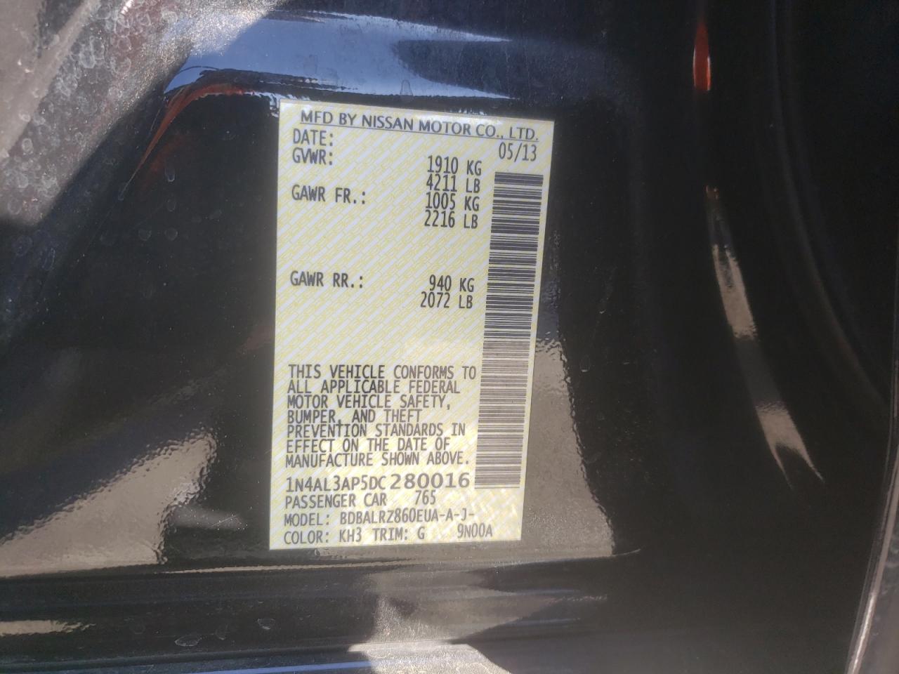 Photo 10 from auction – 2013 NISSAN ALTIMA 2.5 with VIN 1N4AL3AP5DC280016