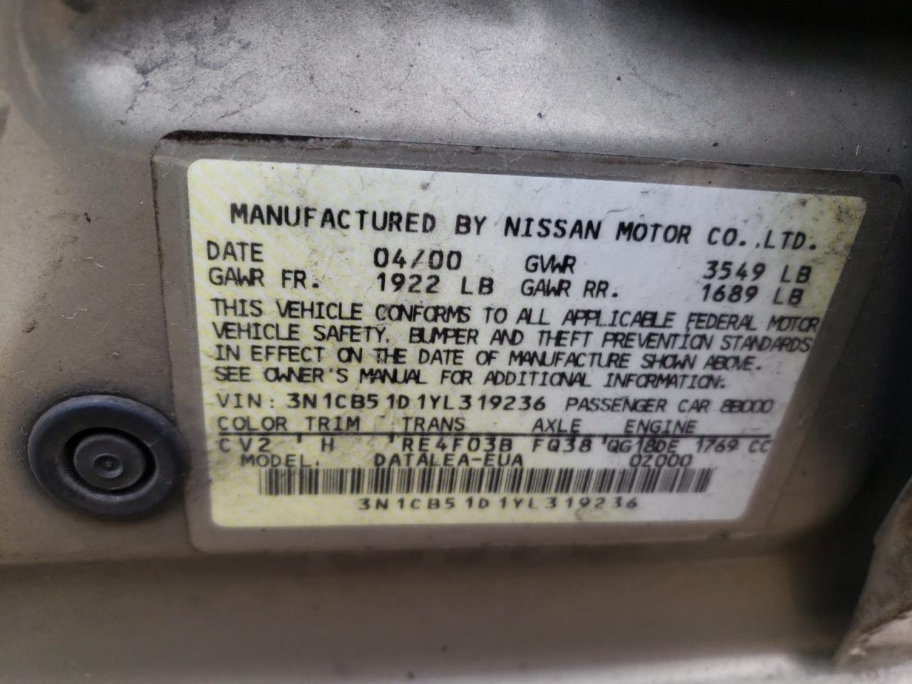 Photo 10 from auction – 2000 NISSAN SENTRA BAS with VIN 3N1CB51D1YL319236