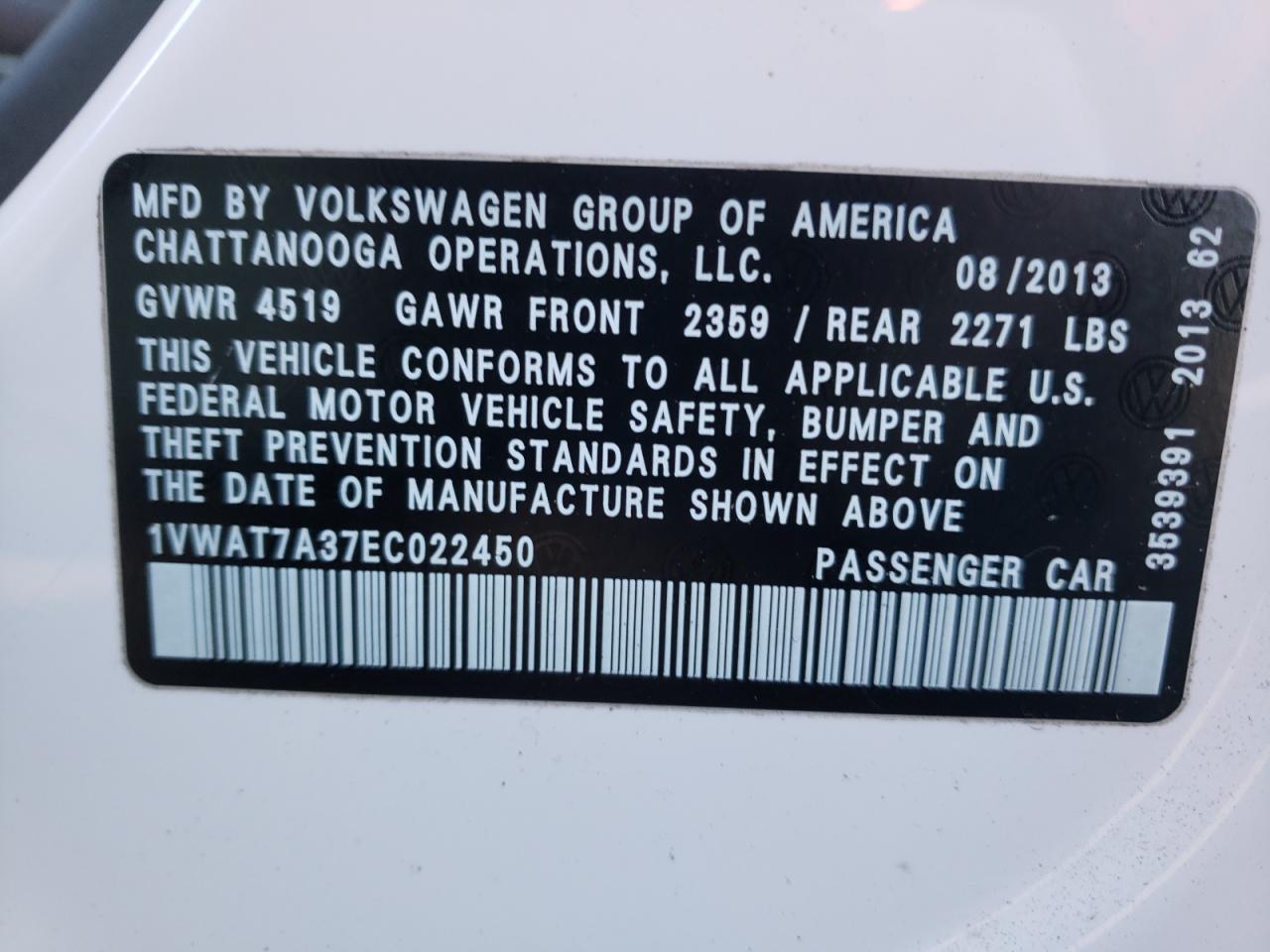 Photo 10 from auction – 2014 VOLKSWAGEN PASSAT S with VIN 1VWAT7A37EC022450
