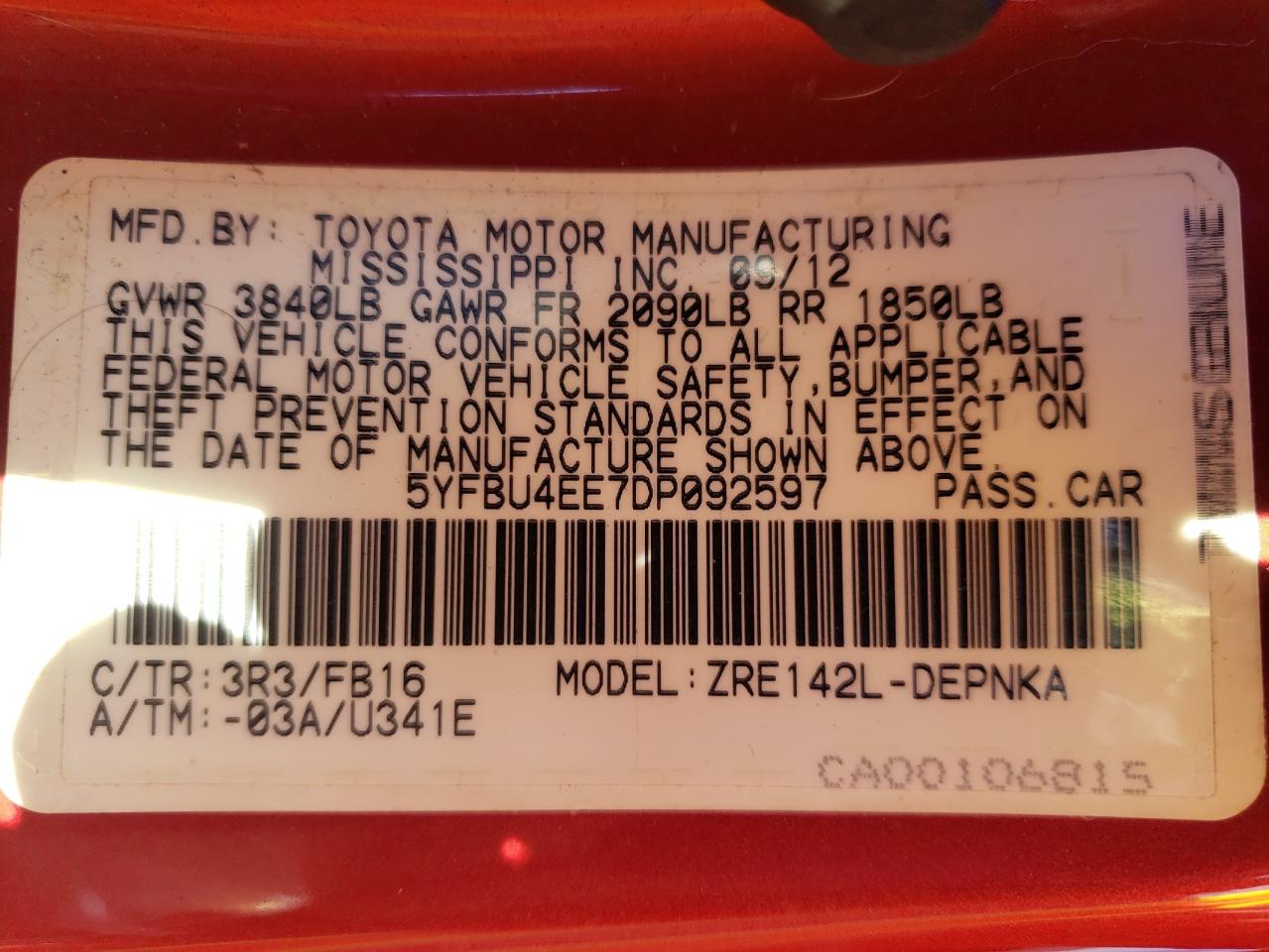Photo 10 from auction – 2013 TOYOTA COROLLA BA with VIN 5YFBU4EE7DP092597