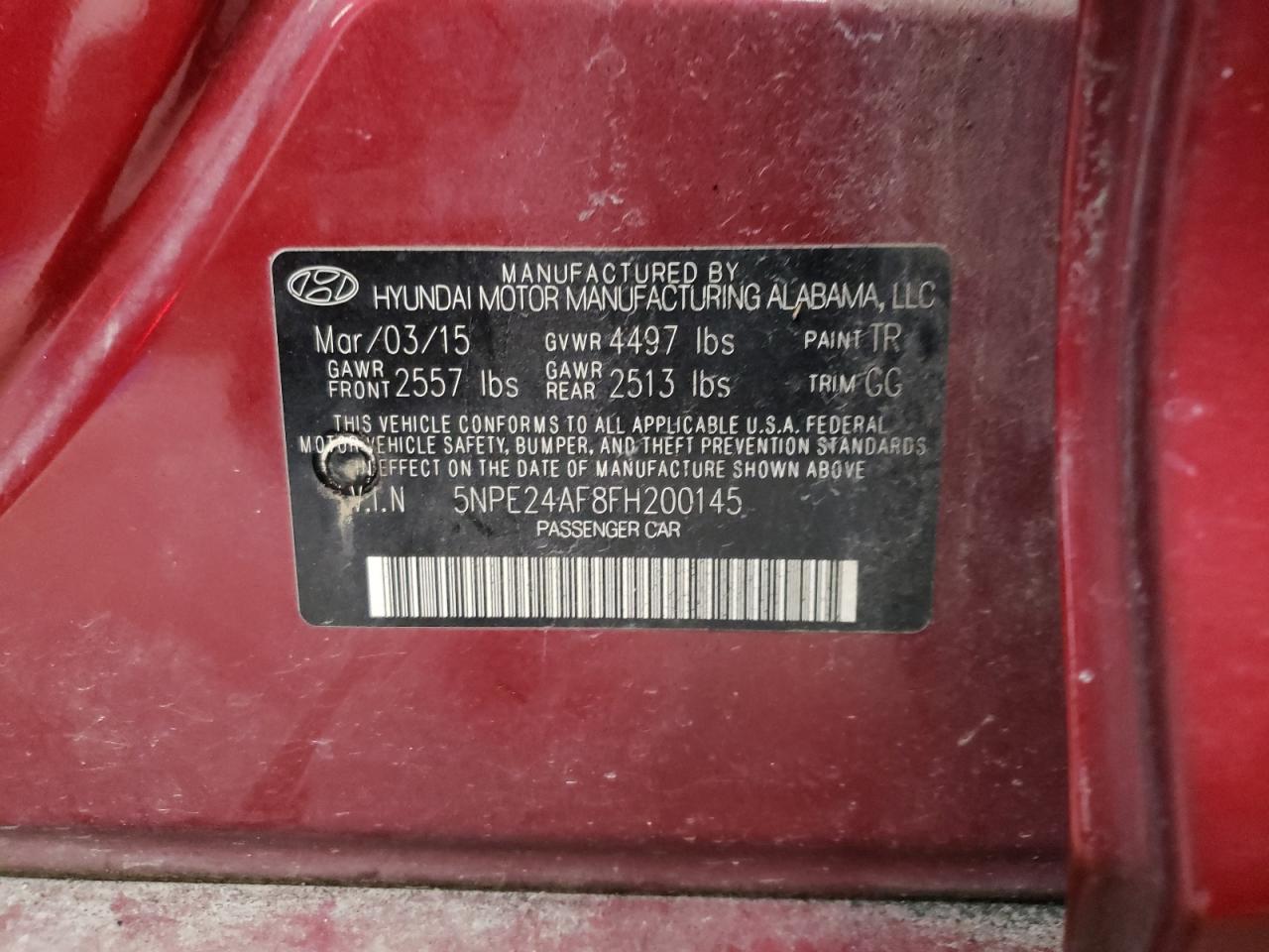 Photo 10 from auction – 2015 HYUNDAI SONATA SE with VIN 5NPE24AF8FH200145