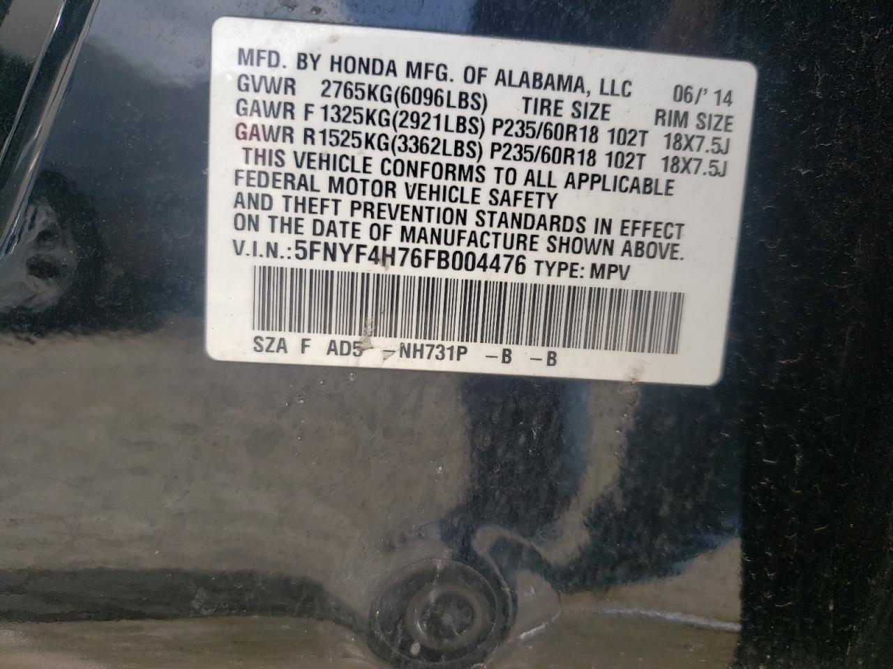 Photo 10 from auction – 2015 HONDA PILOT EXLN with VIN 5FNYF4H76FB004476