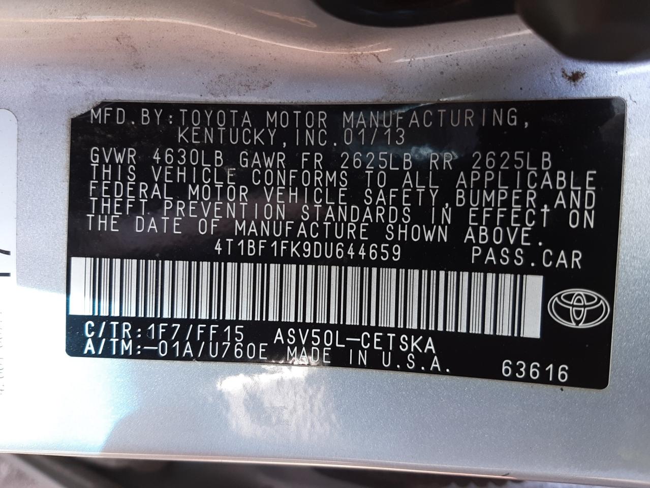 Photo 10 from auction – 2013 TOYOTA CAMRY L with VIN 4T1BF1FK9DU644659
