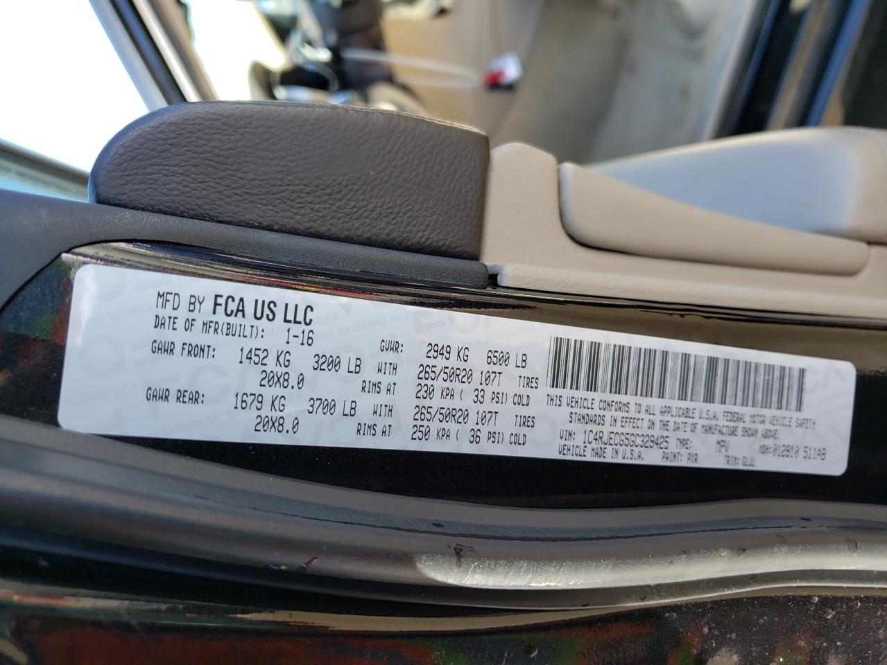 Photo 10 from auction – 2016 JEEP GRAND CHER with VIN 1C4RJECG5GC329425