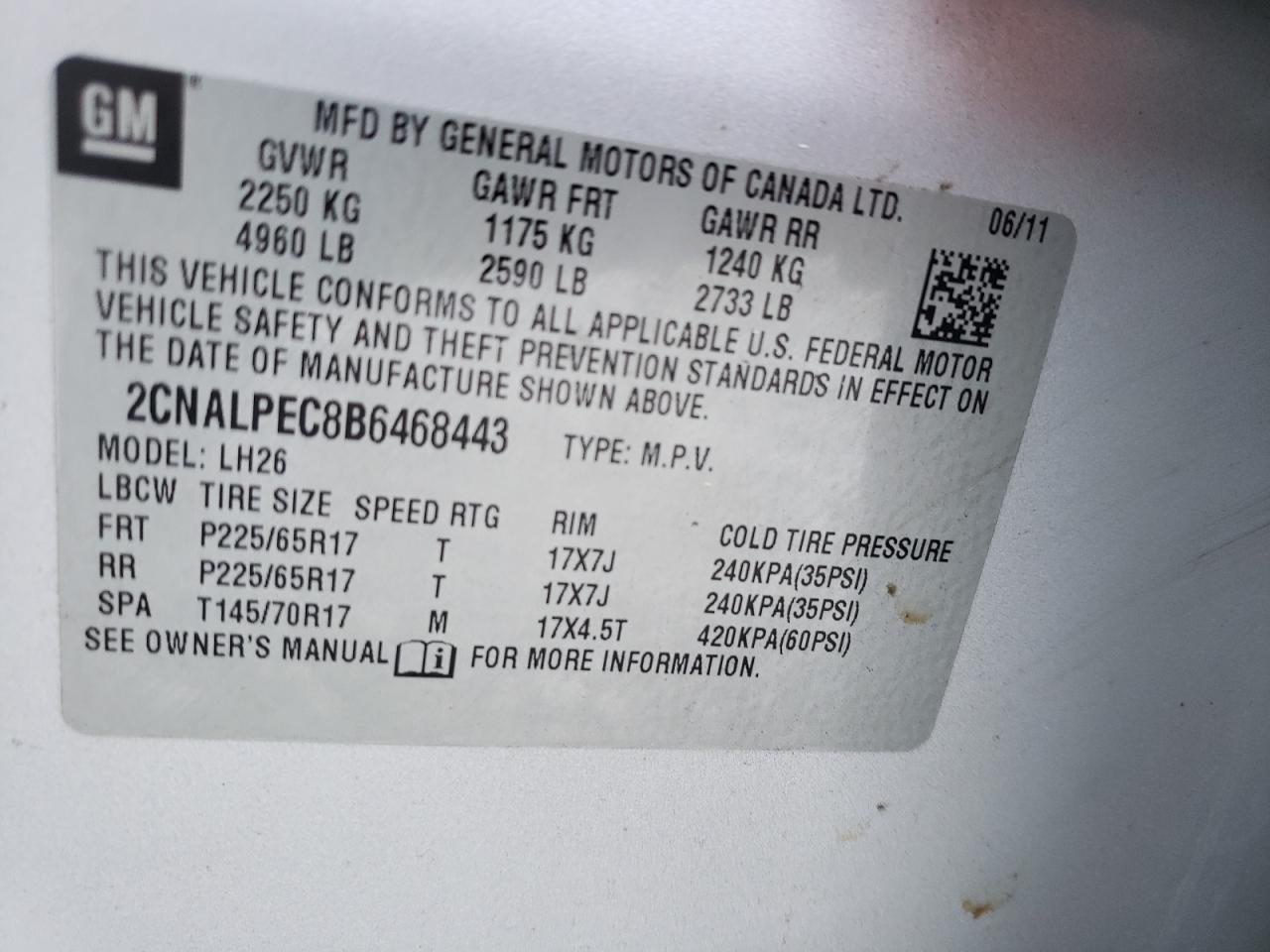 Photo 10 from auction – 2011 CHEVROLET EQUINOX LT with VIN 2CNALPEC8B6468443