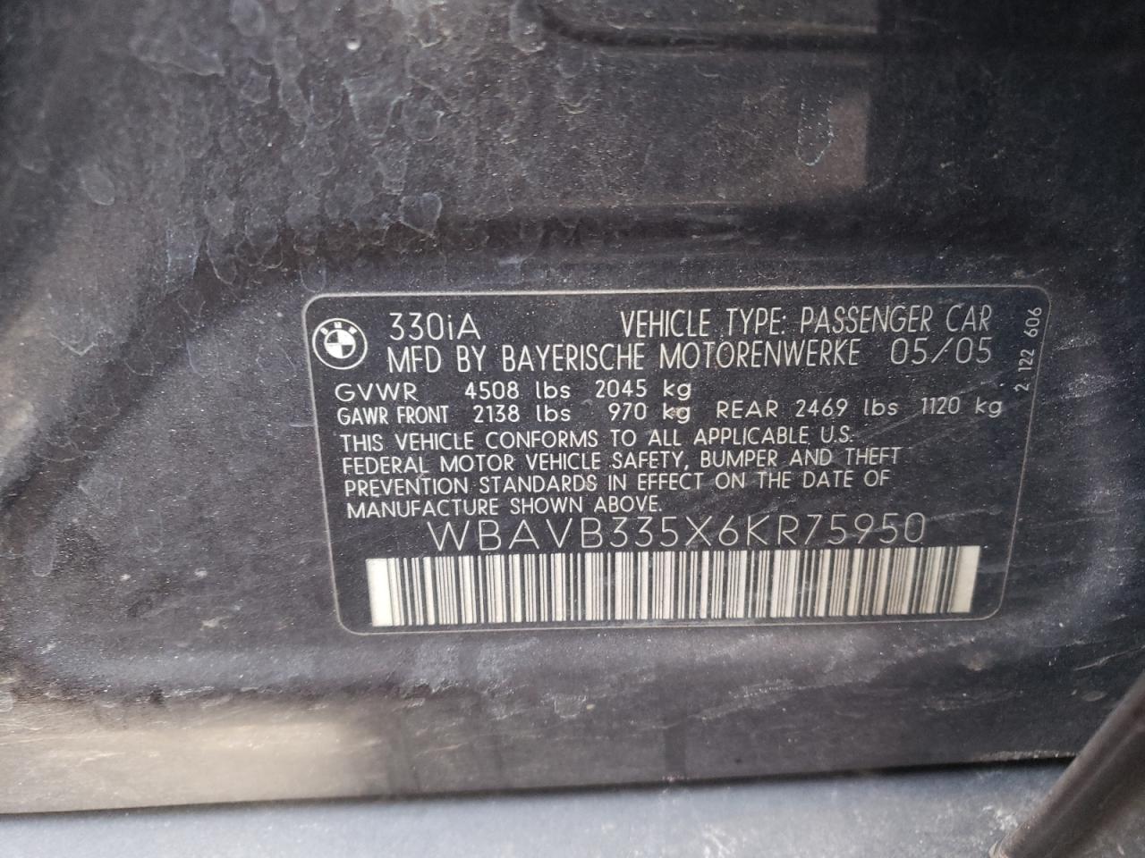 Photo 10 from auction – 2006 BMW 330 I with VIN WBAVB335X6KR75950