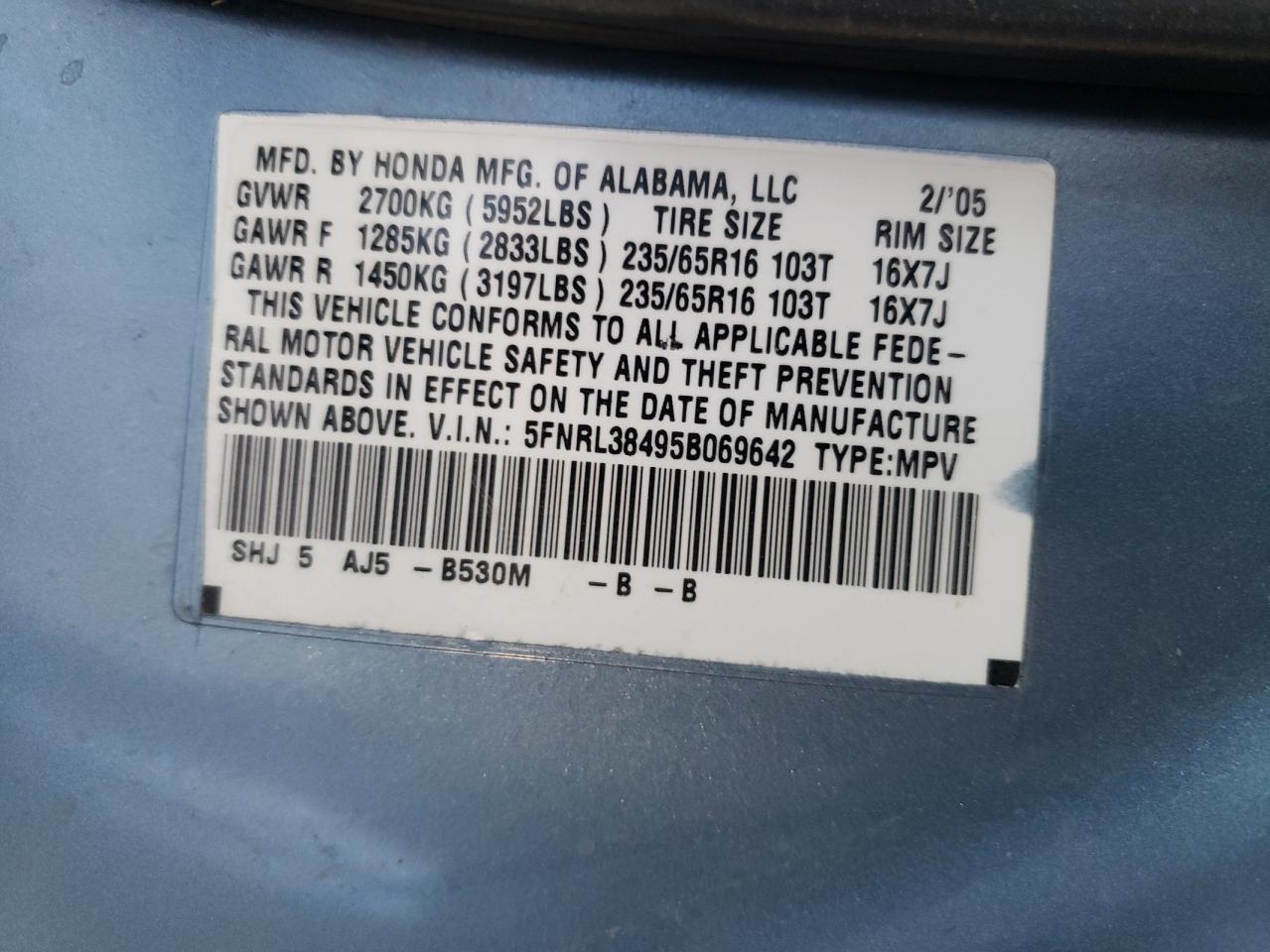 Photo 10 from auction – 2005 HONDA ODYSSEY EX with VIN 5FNRL38495B069642