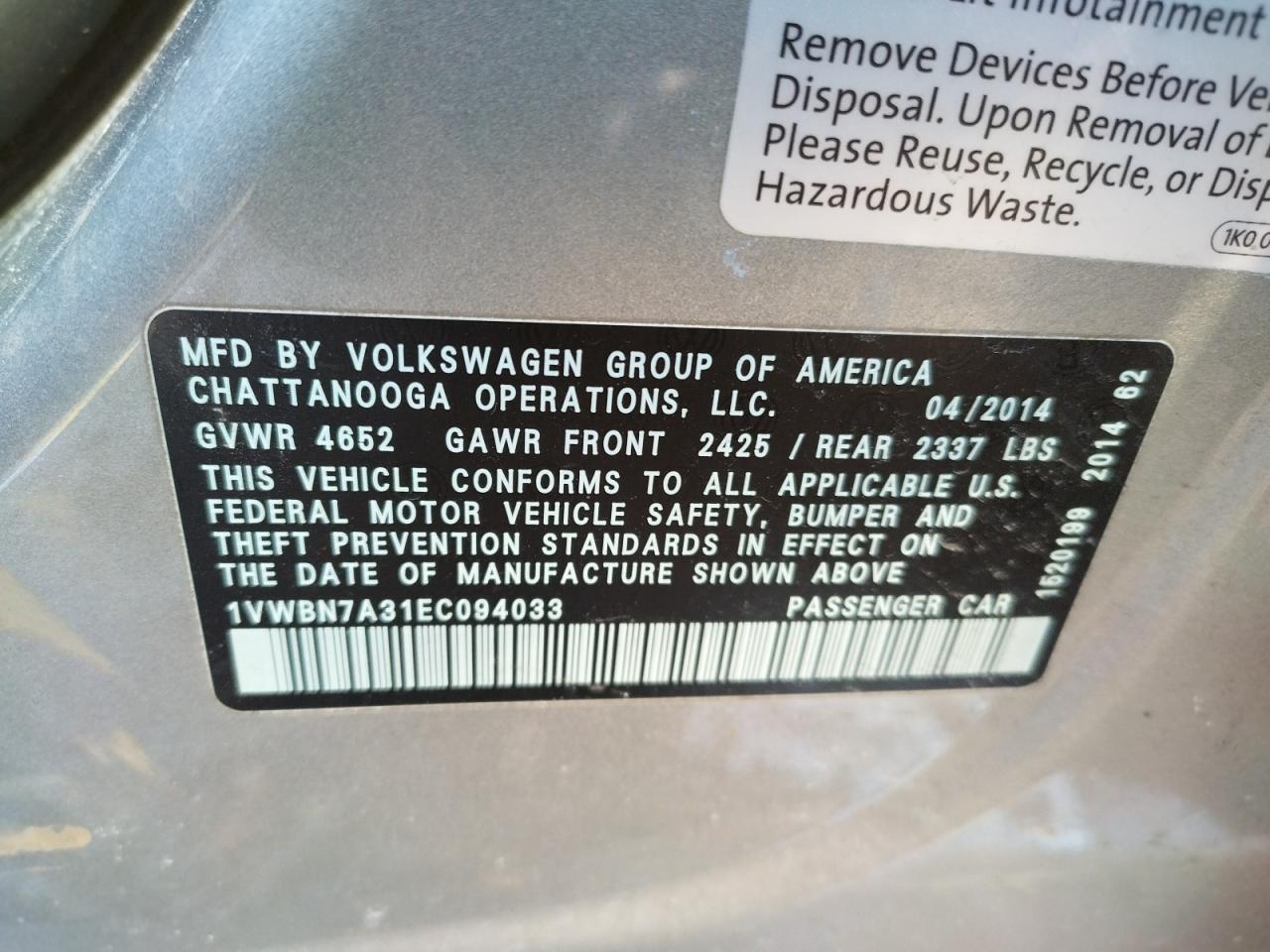 Photo 10 from auction – 2014 VOLKSWAGEN PASSAT SE with VIN 1VWBN7A31EC094033