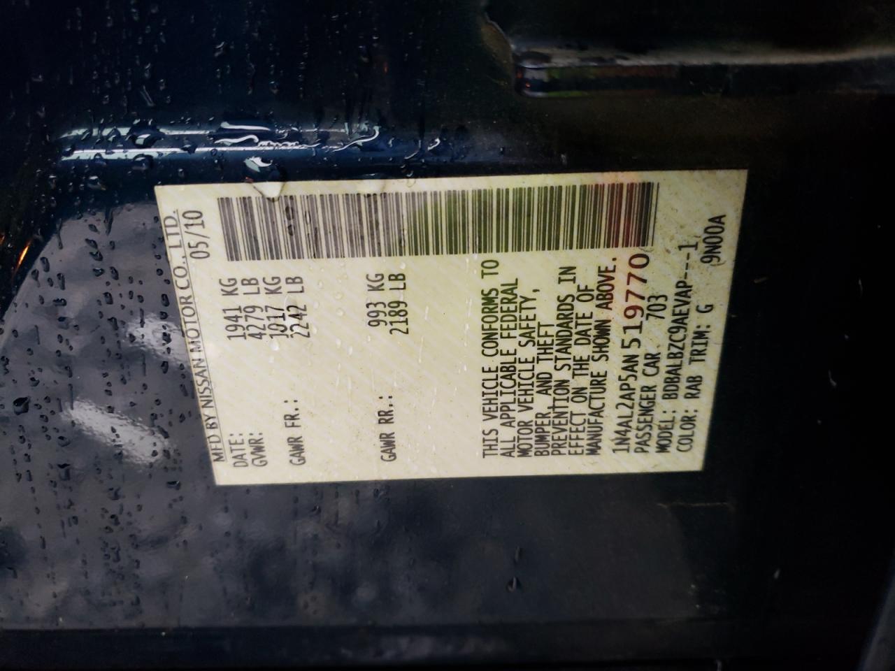Photo 10 from auction – 2010 NISSAN ALTIMA BAS with VIN 1N4AL2AP5AN519770