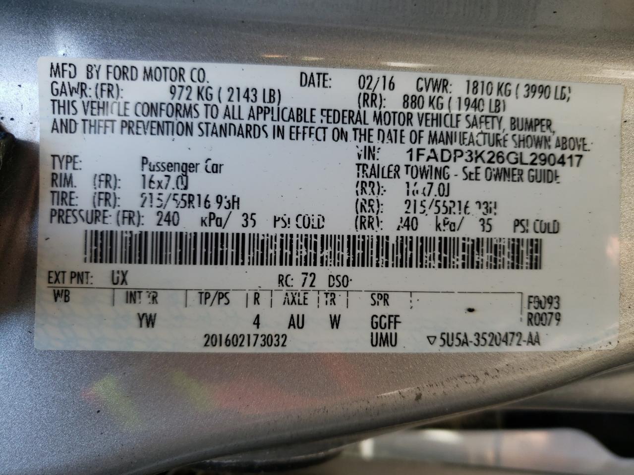 Photo 10 from auction – 2016 FORD FOCUS SE with VIN 1FADP3K26GL290417